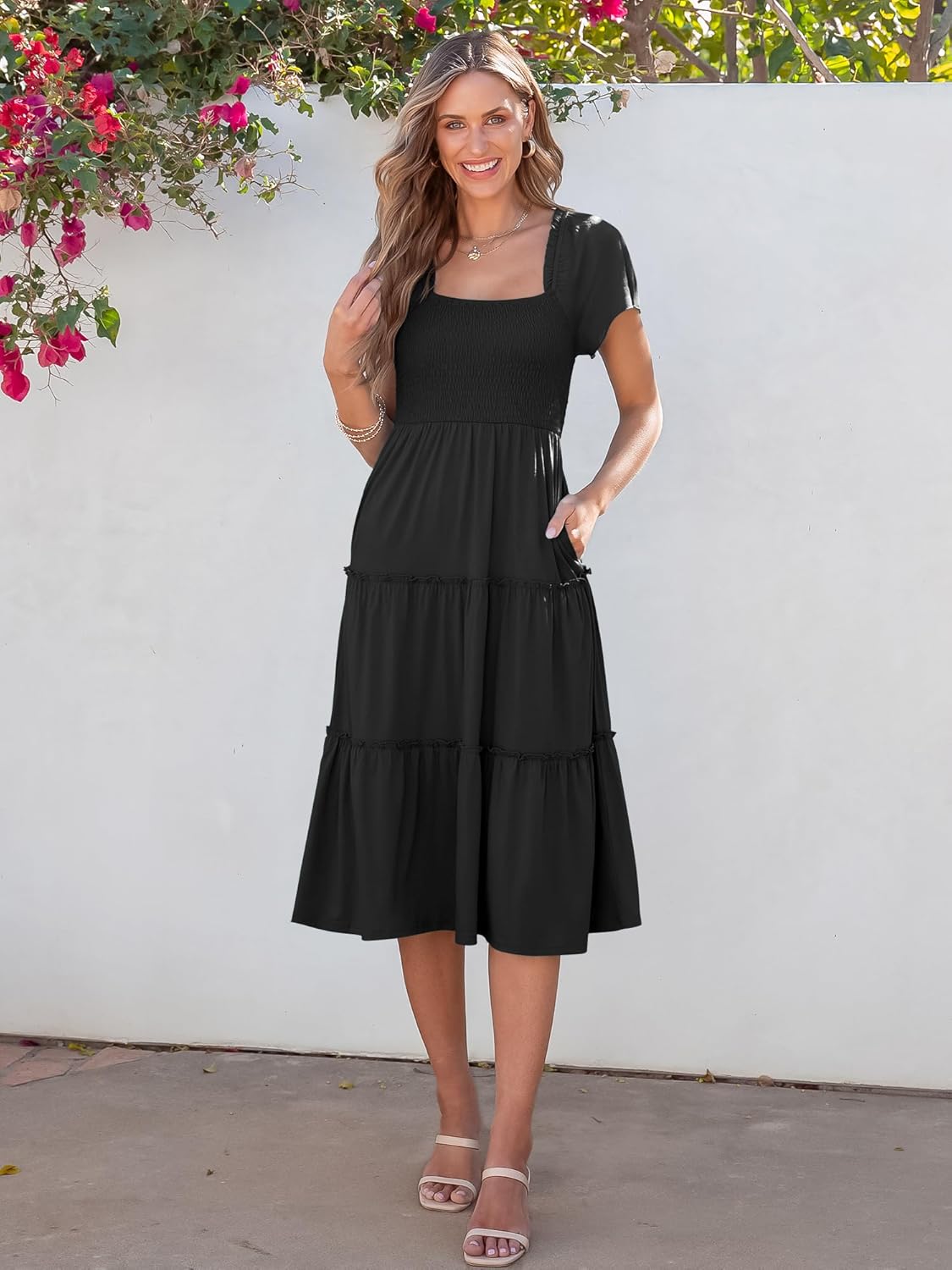 ANRABESS Women Summer Casual Square Neck Flutter Sleeve Boho Smocked A-Line Flowy Tiered Modest Midi Sun Dress with Pockets - Image 6