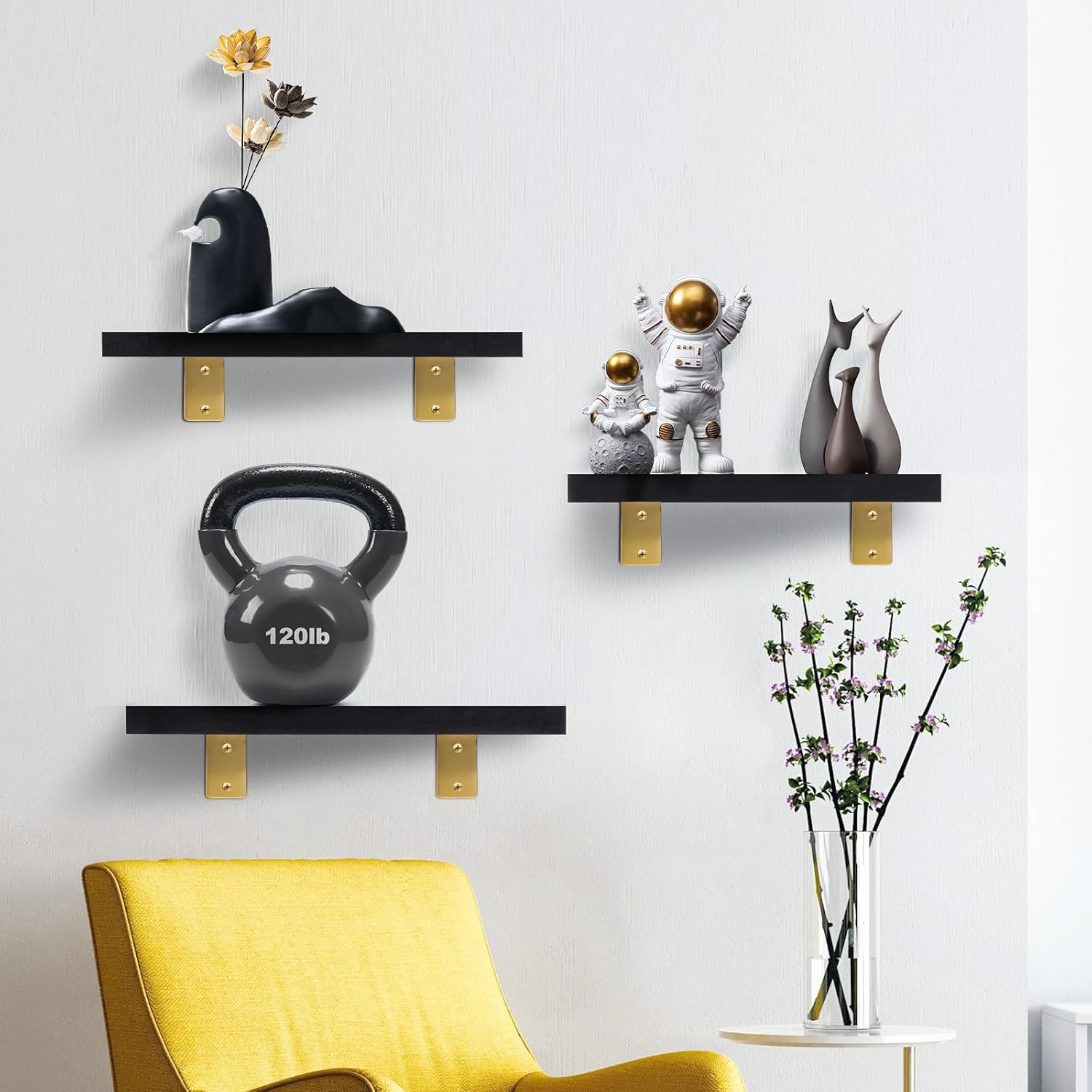 Gold Stainless Steel L Brackets - 4 Pack Heavy Duty Floating Shelf Brackets - 5 Inch Shelf Brackets for Shelf Support and Floating Shelf Hardware