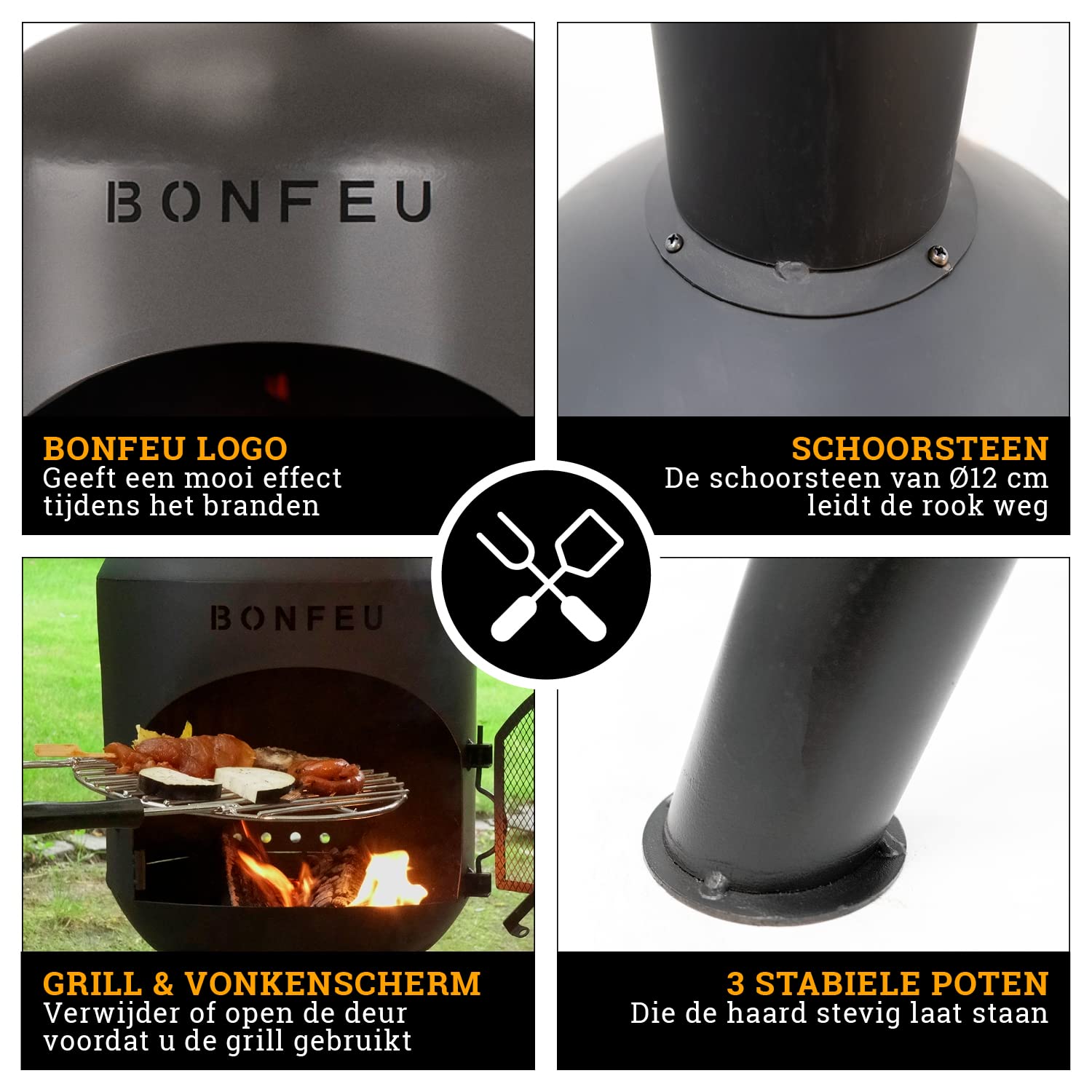 BonFeu BonSolo Piec tarasowy czarny – wysokiej jakości kominek ogrodowy z funkcją grillowania, Ø 34 cm, wys. 124 cm – wytrzymały kominek ze stali wraz z rusztem do grillowania i pogrzebaczem do ogrodu