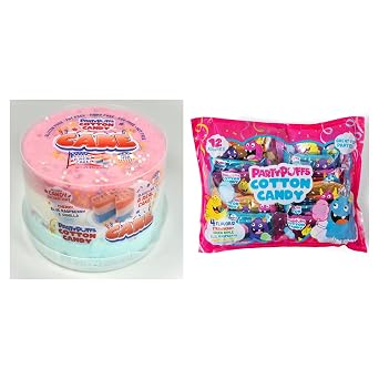 PartyPuffsTM USA Cotton Candy Cake & Cotton Candy Variety Pack Bundle A Celebration Cake, 4 Servings Plus 12 Individually Wrapped .5oz Pouches in 4 Fun Flavors