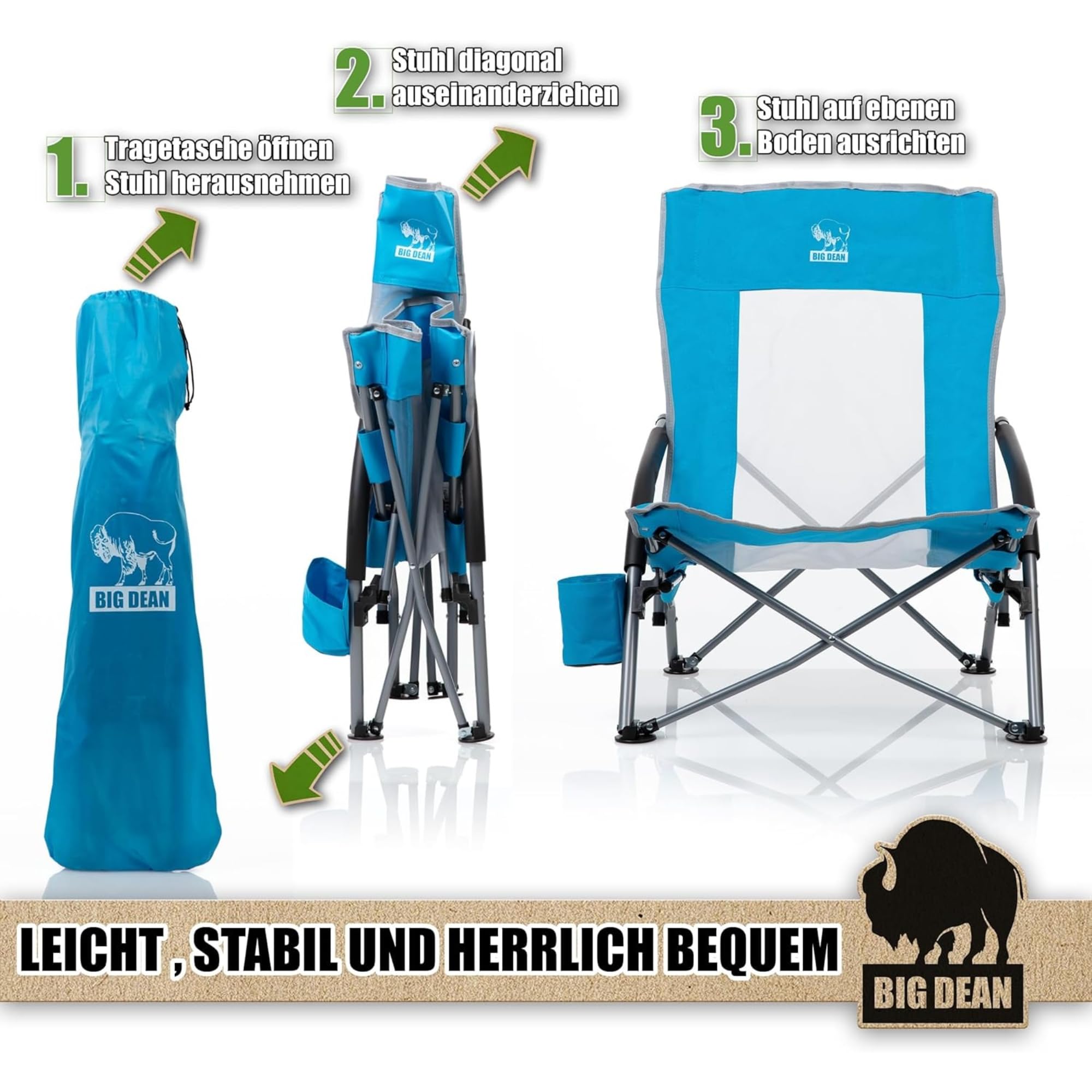 BigDean Lot de 2 chaises de plage pliantes, très légères, pour camping, jusqu'à 150 kg | Chaise basse pliante en maille respirante avec porte-gobelet, pour plage, jardin
