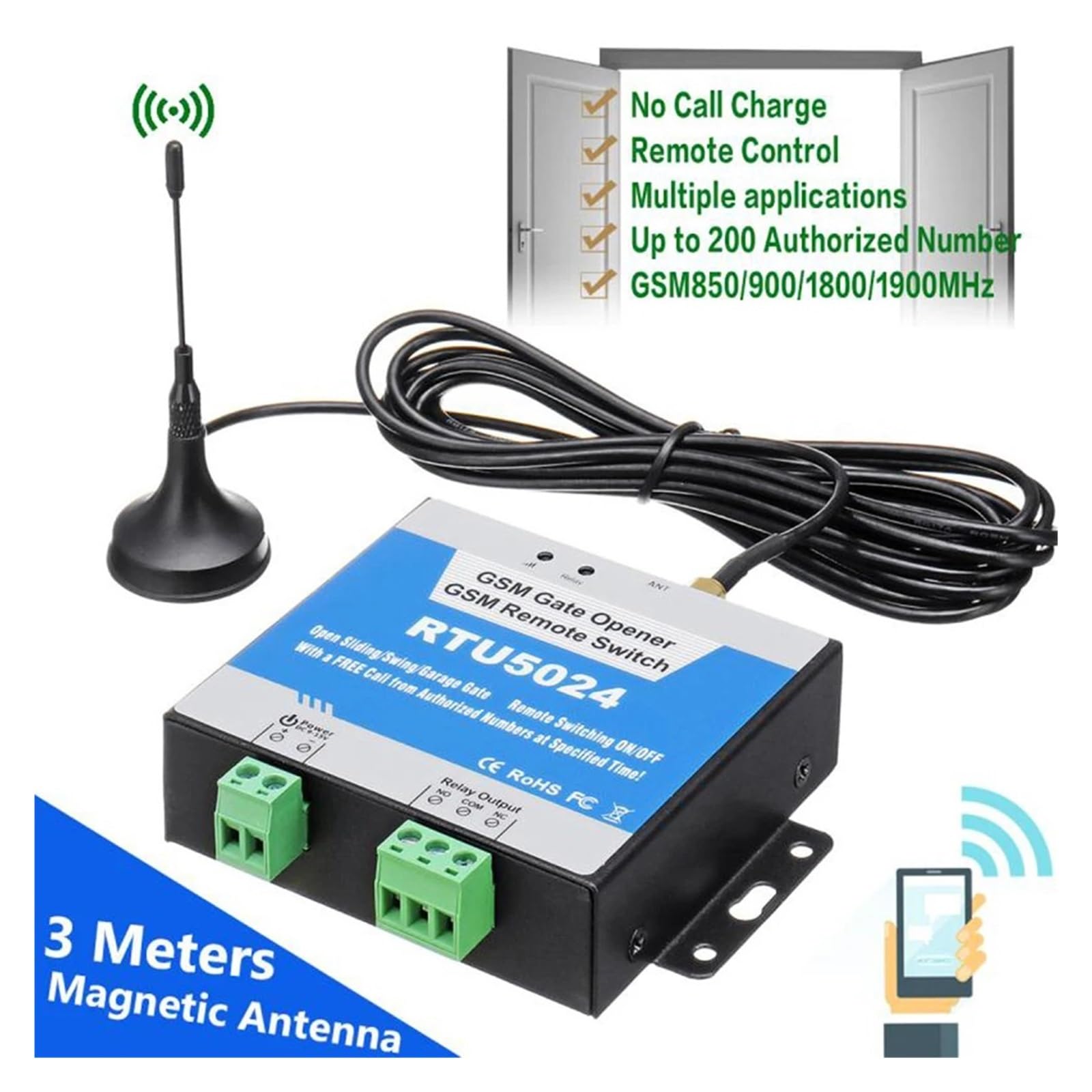 Urządzenie do otwierania bramy GSM Zdalny włącznik/wyłącznik Bezpłatne połączenie Obsługa poleceń SMS 850/900/1800/1900 MHz