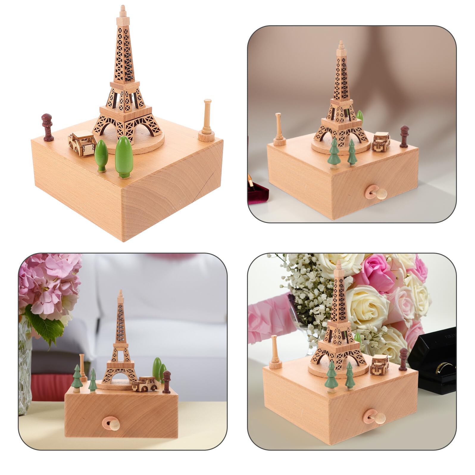 DOITOOL Caja de Música de Madera Creativa con Figura 3D de Torre Eiffel, Mecanismo de Cuerda, Mini Carrusel Musical para Niñas, Adorno Decorativo para Cumpleaños y San Valentín, Obsequio