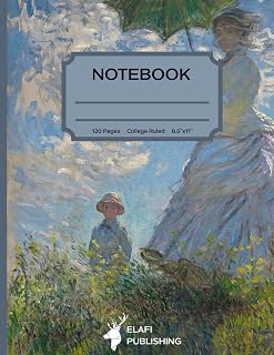 Notebook-College Ruled | 120 Pages 8.5'' x 11'' | Ideal for School and Office Use | Elafi Art Notebook Collection: Claude Monet : Woman with a Parasol - Madame Monet and Her Son