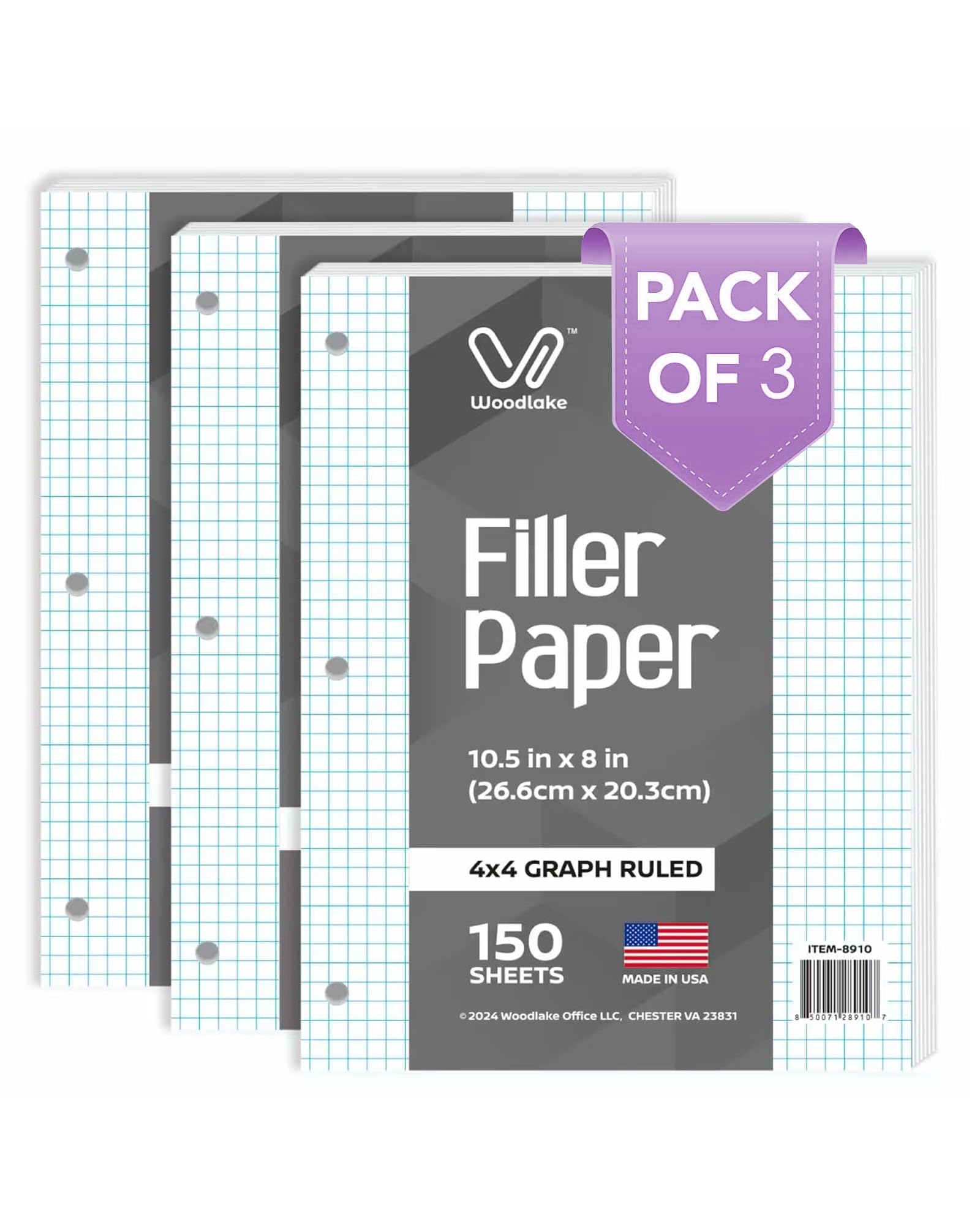 Woodlake Papier graphique à feuilles mobiles, 4 x 4, papier graphique 20,3 x 26,7 cm, 150 feuilles par paquet, 3 paquets de papier de remplissage, perforé à 3 trous, fabriqué aux États-Unis