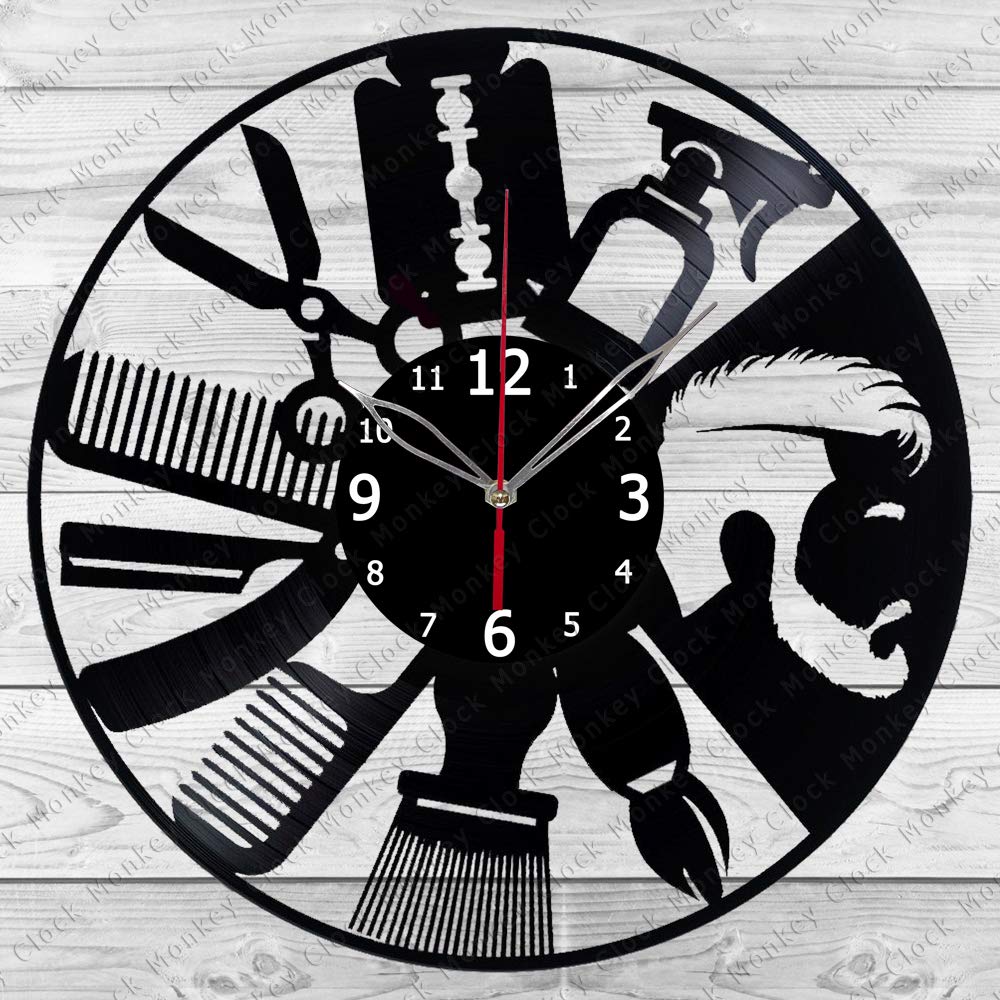 GenericBarbershop Clock - Barber Shop Clock - Vinyl Record Clock - Beauty Salon Clock - Hairdresser Clock - Unique Vinyl Record Wall Clock - Custom Clock - Vinyl Clock - Black Clock