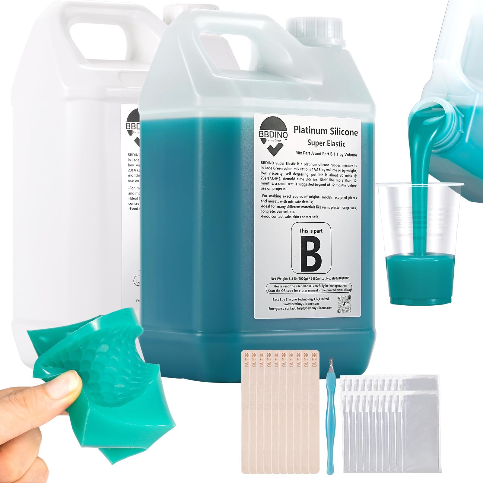 BBDINO Silicone Mold Making Kit - Super Elastic Silicon for Mold-Making 2 Gallons - Platinum Grade 1A:1B Mixing- Ideal for Resin/Silicone/Soap Molds Casting Jade Green