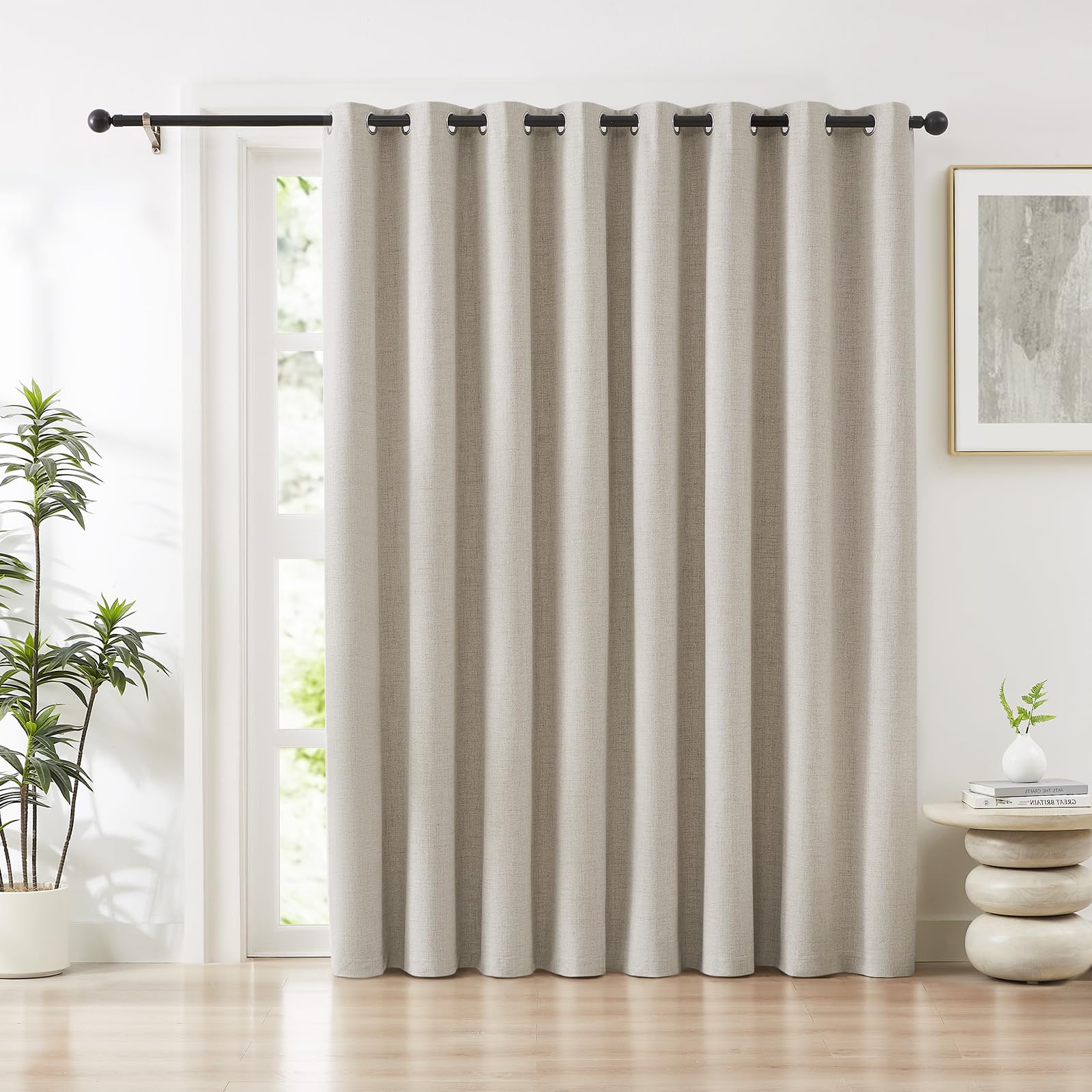 Melodieux - Tenda oscurante in lino beige extra larga per porta scorrevole del patio, tenda divisoria per camera da letto e soggiorno, tenda termica isolante con occhielli, in lino texturizzato in