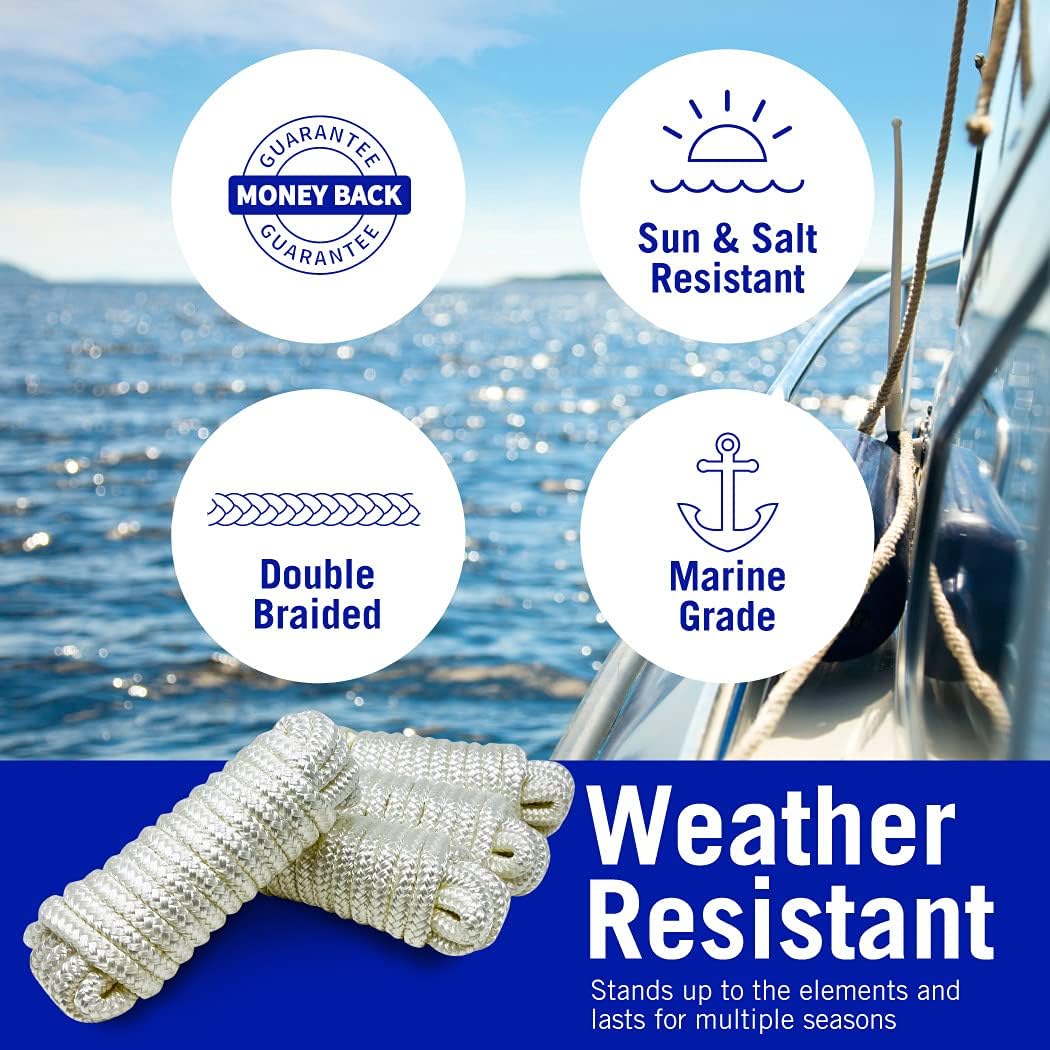 Dock Lines for Boats 3/8" x 15ft, 4 Pack Double Braided Nylon Boat Rope with 12" Loop, Marine Grade Mooring Line for Docking, White - Better Boat