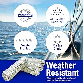 Dock Lines Boat Ropes for Docking, 3/8 Double Braided Mooring Marine Rope, 15ft Nylon Rope with Loop, White, 4 Pack