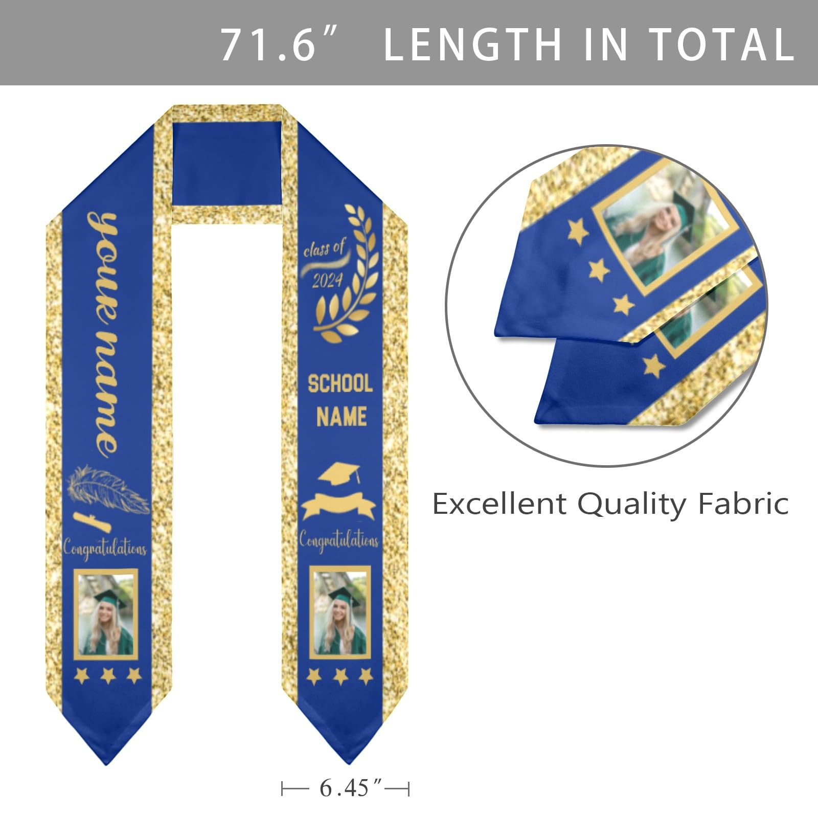 XOZOTY Customize Gold Blue Graduation Stole Sash Personalized Class of 2024 Graduates Scarf Sash with chool Name Text Photo Gifts 71.6 Inch