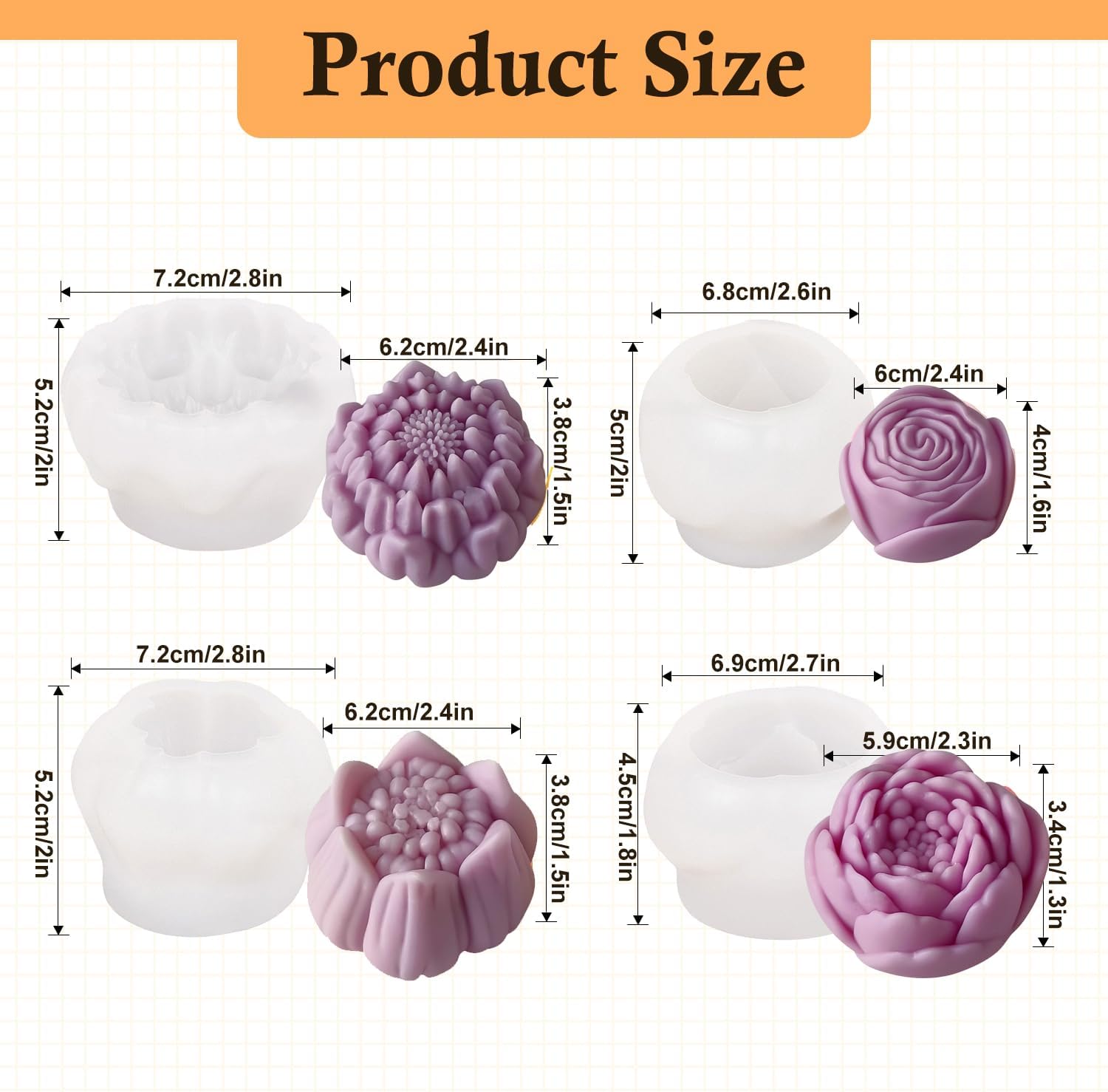 4PCS Large Flower Silicone Candle Molds, Rose, Lotus, Hibiscus