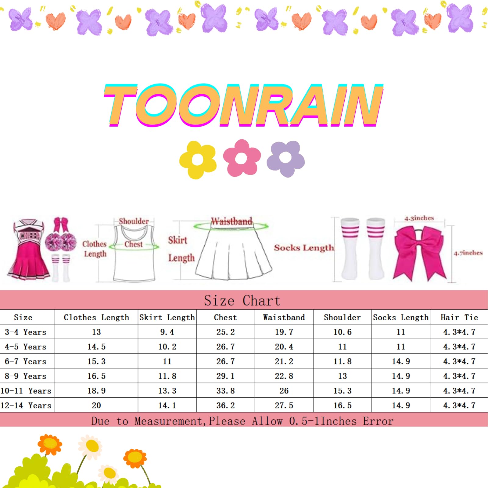 TOONRAIN Disfraz clásico de animadora para niños, juego de 5 unidades, suave, transpirable y cómodo