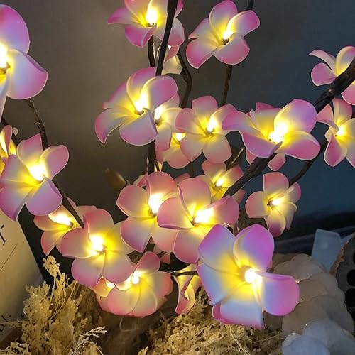 Miniatura 6 de Paquete de 2 ramas de flores artificiales de plumeria, ramo de berenjena ligera falsa Frangipani para decoración romántica del hogar (rosa)