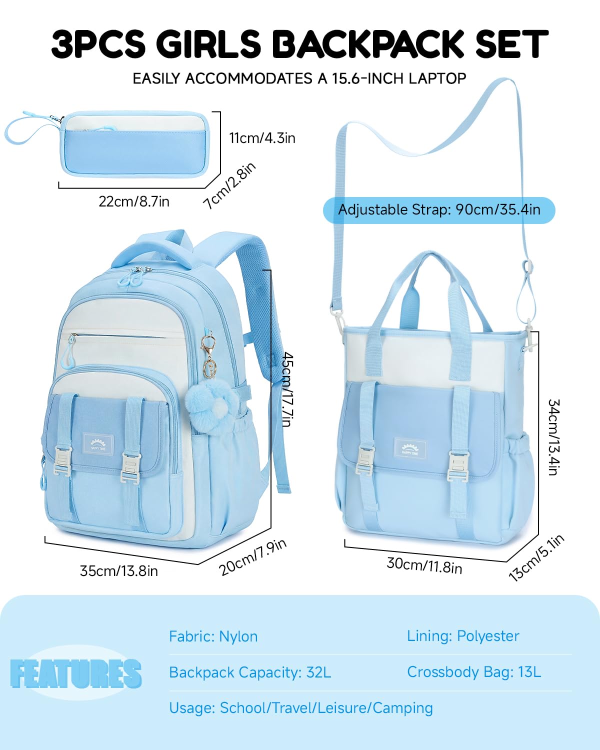 Amythe Mochila Escolar para Adolescentes Niñas, Mochilas para Instituto de 3 Piezas con Bandolera y Estuche, Mochila Grande Colegio Niña para Viajes y Ocio, Azul Cielo