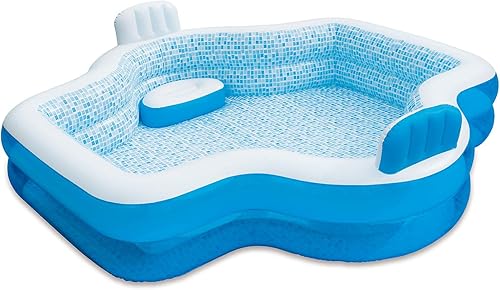 Piscina familiar elegante inflable con 2 asientos acolchados incorporados, tapón de drenaje y válvula de inflación y deflación 2 en 1