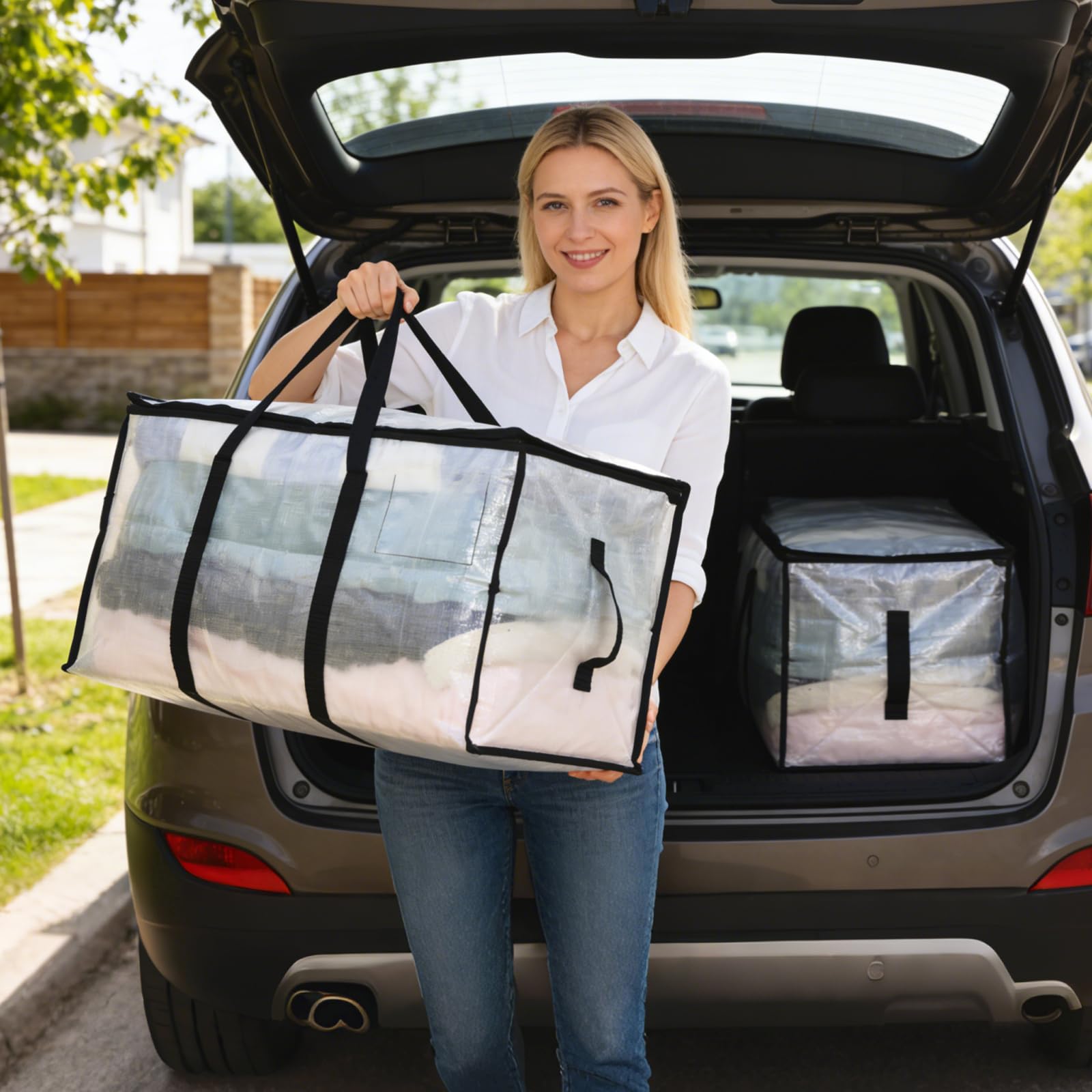 VINATO 4 Borse di Stoccaggio per Coperte, Grandi Borse per Trasloco Trasparenti con Maniglie, Resistenti all'Umidità e alla Polvere - Scatola per Vestiti, Casa, Organizzazione
