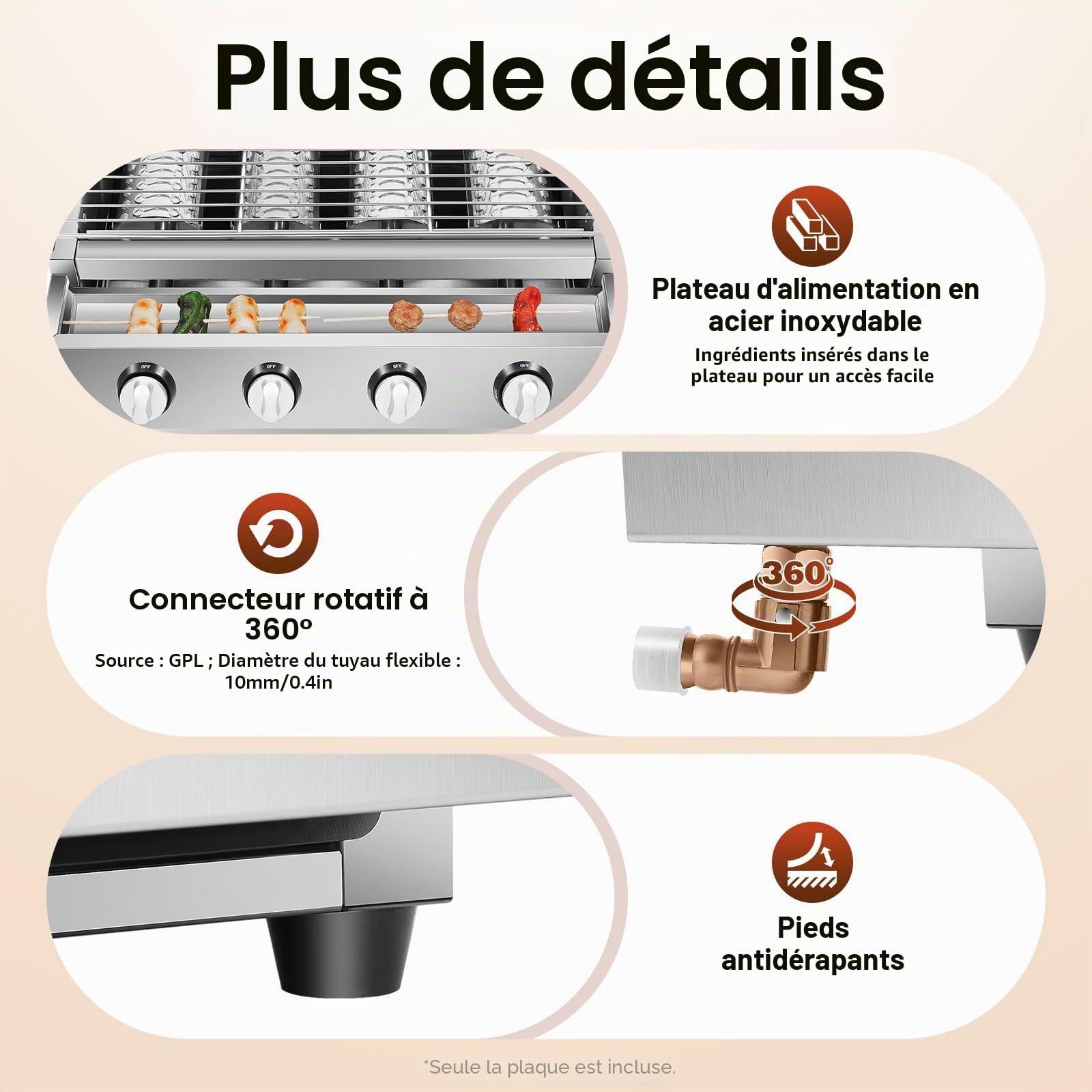 Barbecue à gaz en acier inoxydable - 4 brûleurs - Barbecue de table - Barbecue à gaz GPL - Barbecue amovible - Pour camping, balcon, jardin - Argenté