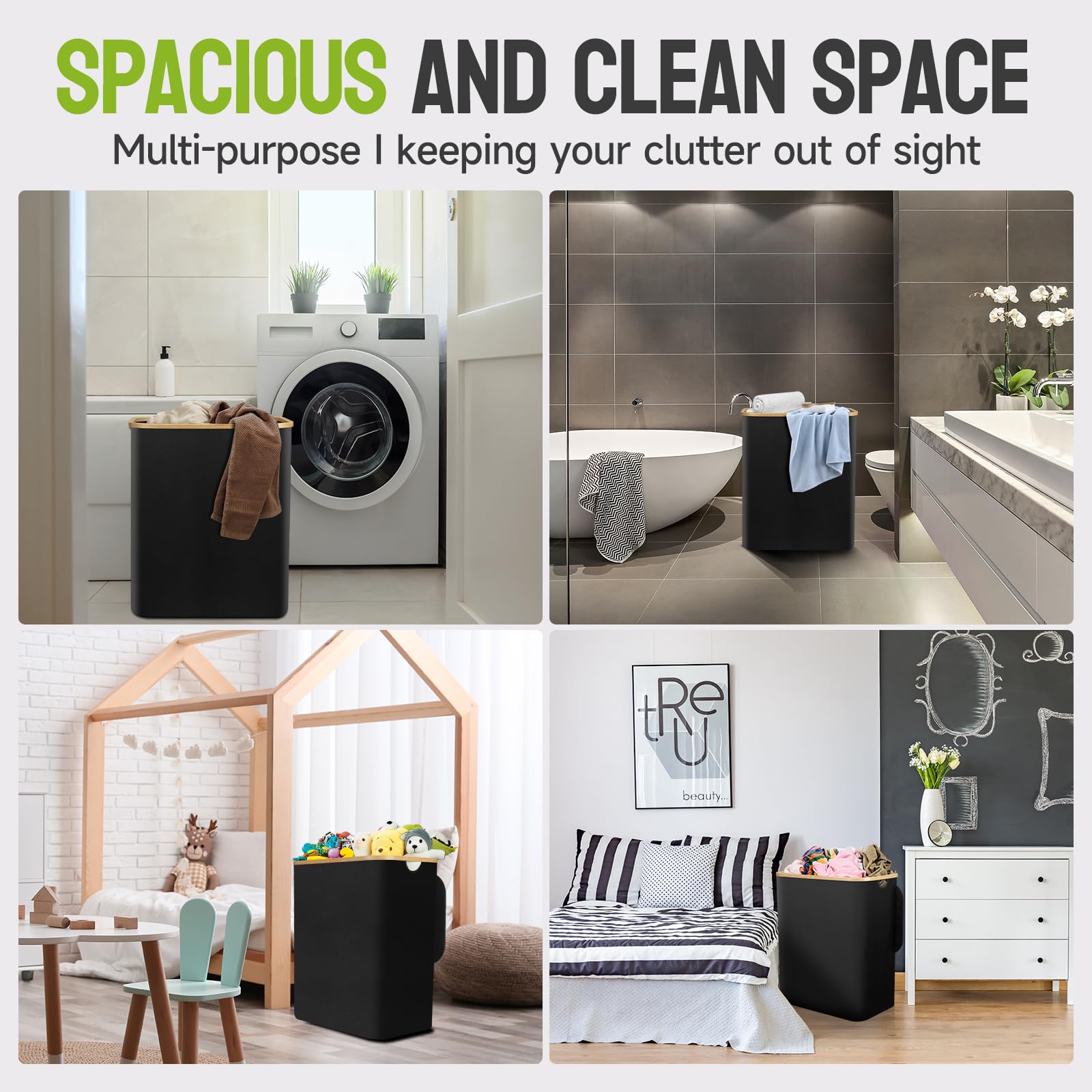 Zomhusea Laundry Hamper with Lid - 42 Gal (160L) Extra Large Laundry Basket 3 Section with 3 Removable Laundry Bags,Collapsible Dirty Clothes Hamper for Laundry, Dorm, Bathroom, Bedroom - Black