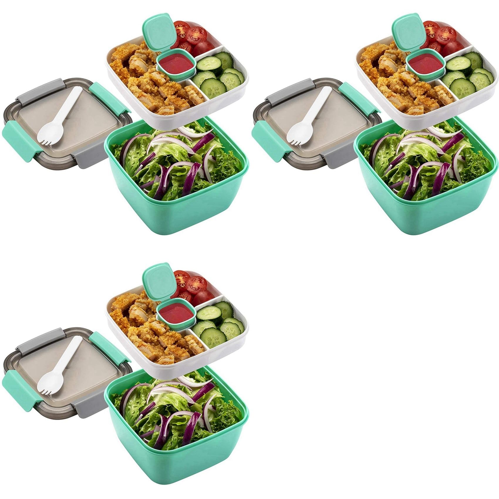 Hndhbfgrt 3X Lunch Container to Go, 1500Ml Salad Bowls with 3 Compartments, Container for Salad Toppings