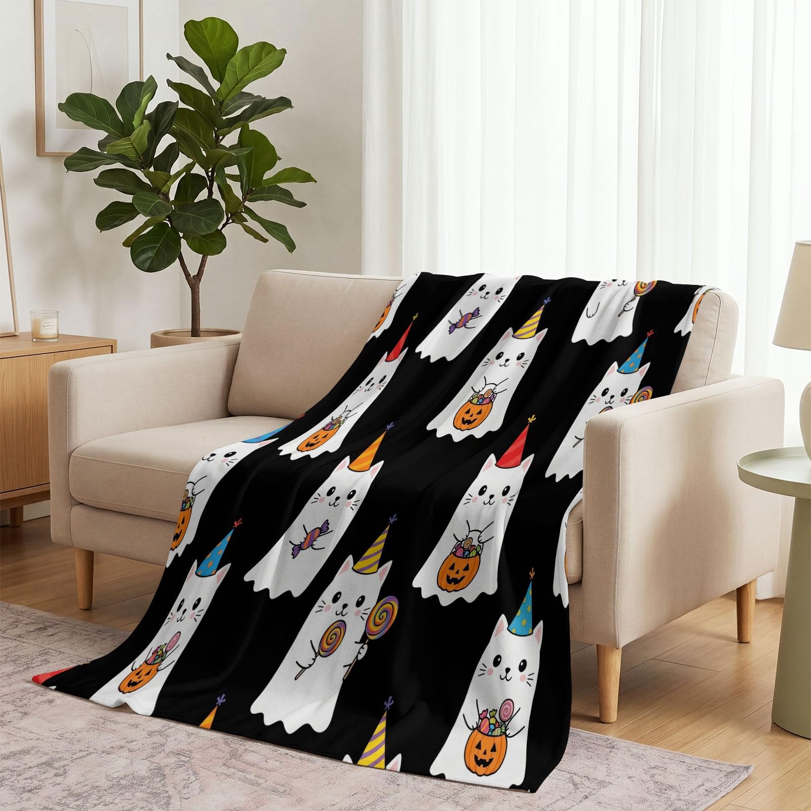 Koc flanelowy dla dzieci, na Halloween, 150 x 200 cm, miękki, pluszowy koc dla nastolatków, dorosłych, z kreskówki, kota, ducha, dyni, lampiona, wiadro, do sypialni, czarny, dekoracyjny koc polarowy