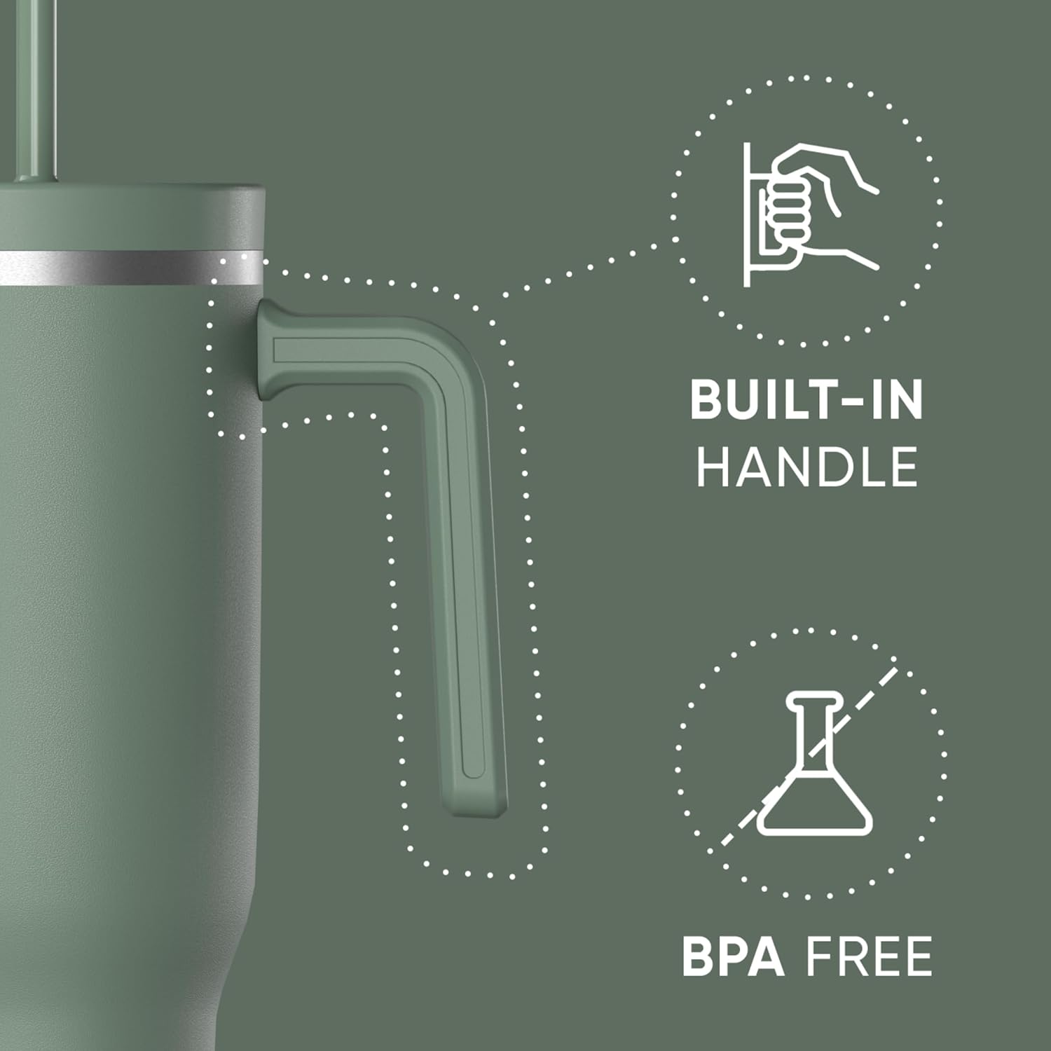 Hydrapeak Voyager 40 Oz Stainless Steel Tumbler with Handle, Insulated Water Bottle With Straw & Lid, Cupholder Friendly Reusable Travel Mug (Sage Leaf)