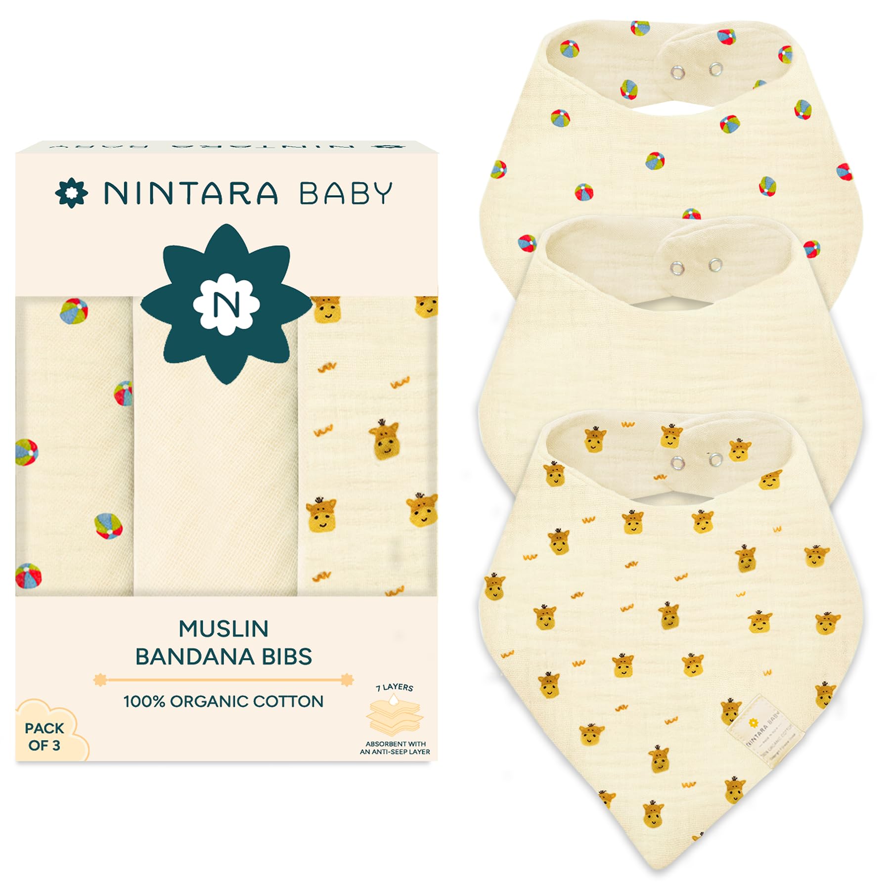 Bandana Bibs - 100% Organic Premium Muslin Cotton, Absorbent, Soft, Adjustable Snap Buttons, Reversible, 7-Layers for Drooling, Teething, Feeding, Gifts for Babies Ages 0-3, Pack of 3-image-23