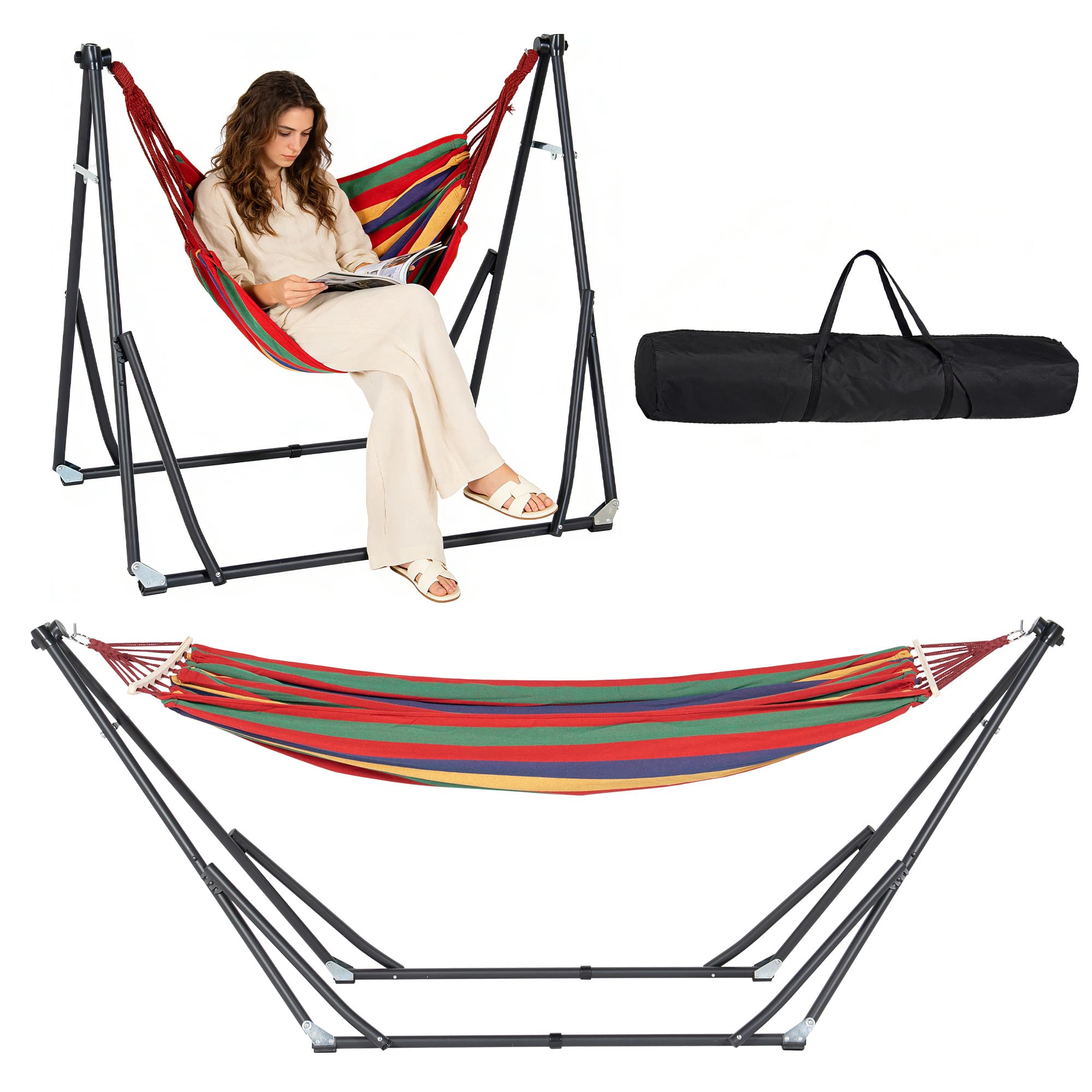SogesPower Hamaca 2 en 1 con estructura de acero plegable y bolsa de transporte – Columpio portátil para jardín, balcón, camping y apartamento – Rayas coloridas rojas