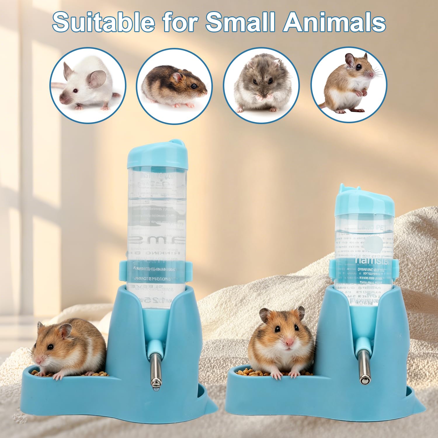 Litewoo 125 ml 3-in-1 Hamster-Wasserflasche, Futterbehälter, Basis für Trinken, Fütterung, Ratte, Meerschweinchen, Frettchen, Kaninchen, kleine Tiere, zum Aufhängen von Wasserflaschen, Blau