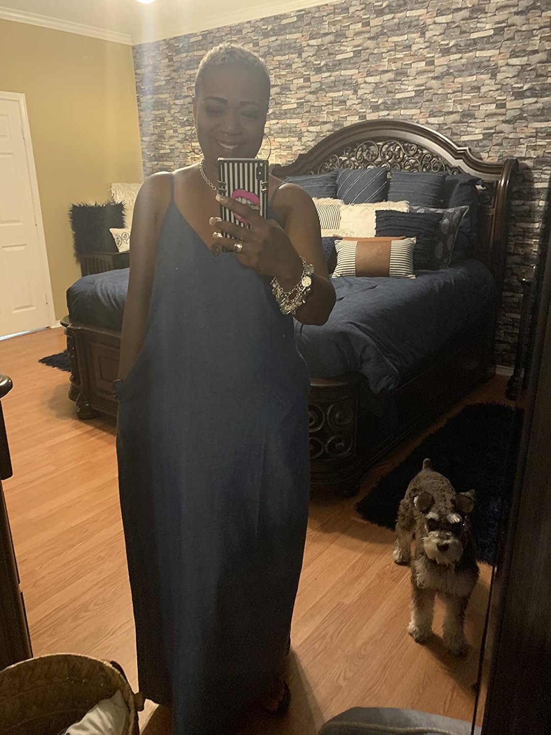 Chuanqi Womens Summer Spaghetti Strap Dresses Casual Denim Deep V Neck Loose Maxi Dress - Image 4