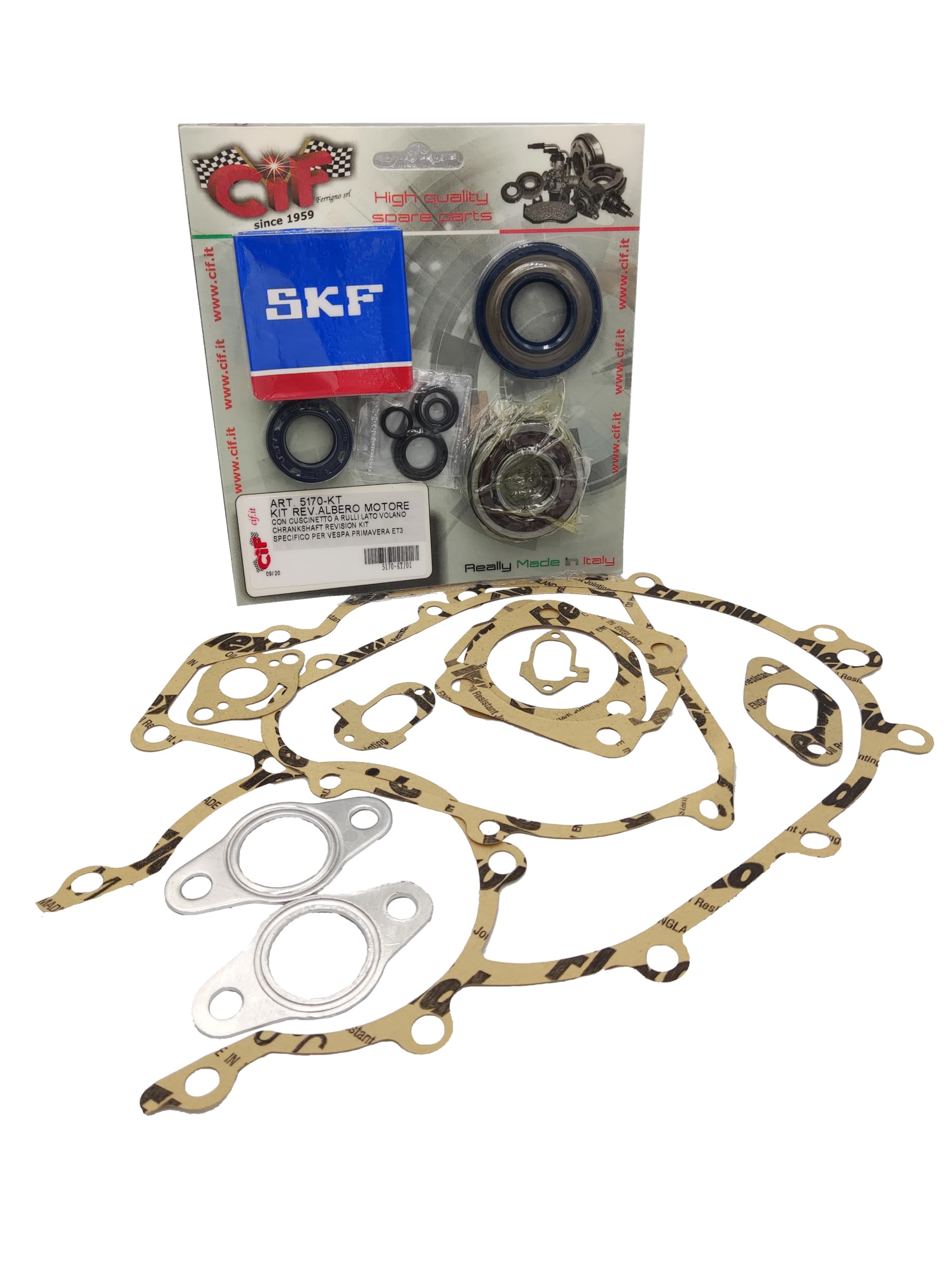 5170-KT + 100684040/9382 - KIT REVISIONE MOTORE CON CUSCINETTI PARAOLI GUARNIZIONI PER 50 SEPCIAL R L N 50 125 PK S (ALBERO CONO 19) 125 ET3 PRIMAVERA APE 50 (ALBERO CONO 19)