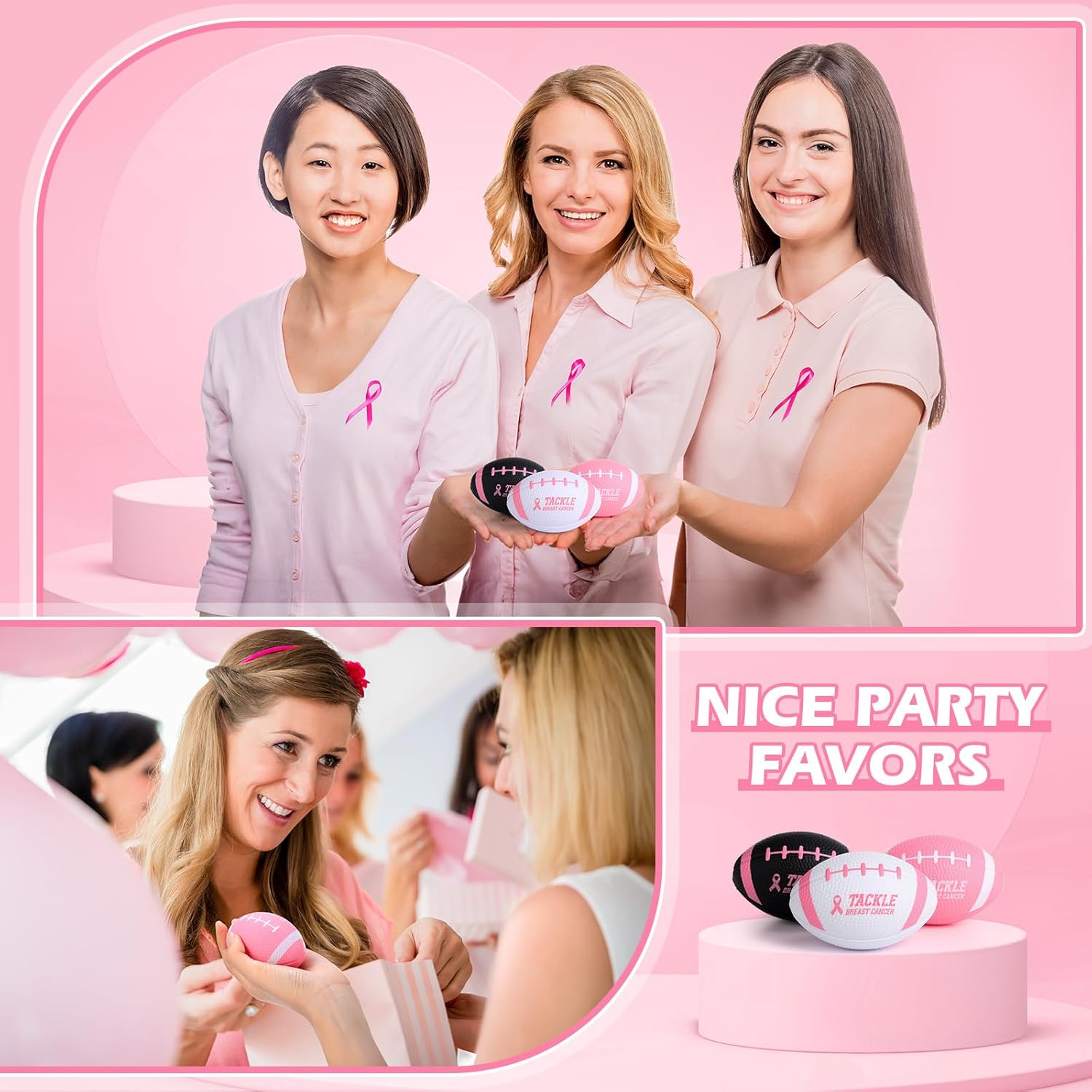 24 Pcs Breast Cancer Awareness Pink Ribbon Stress Balls 3.5 Inches Mini Foam Squeeze Footballs for Breast Awareness Gifts Football Party Favors Stress Relief Supplies(Black, White, Pink)