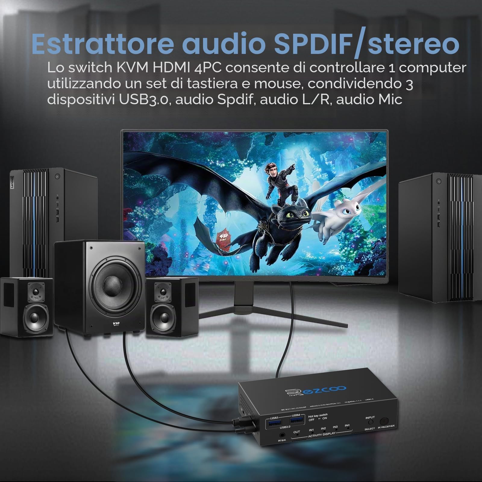 HDMI KVM Switch USB 3.0 4 Porte con Hotkey 4K 60Hz 18Gbps Condivisione di 4 Computer con una Tastiera Mouse HDR D-olby Vision HDCP2.2 Telecomando Cavo USB3.0 X4
