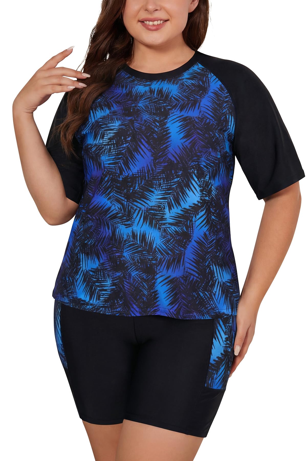 SHEKINI Conjunto de camiseta de baño para mujer, de gran tamaño, con pantalones cortos de natación de secado rápido, para surf, protección solar, traje de baño