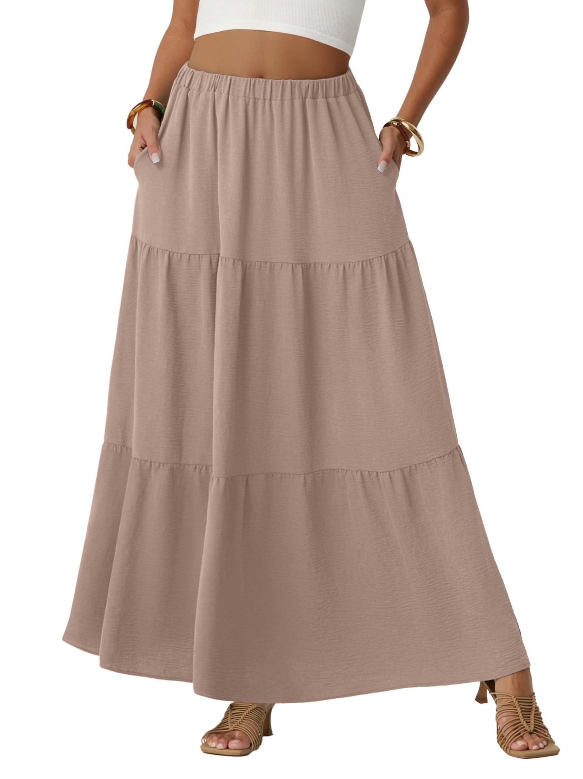 QIXING Damen Maxirock Sommer Boho Blumen Muster Hohe Taille Langer Fließender Rock mit Taschen Stufenrock Elastischer Taille