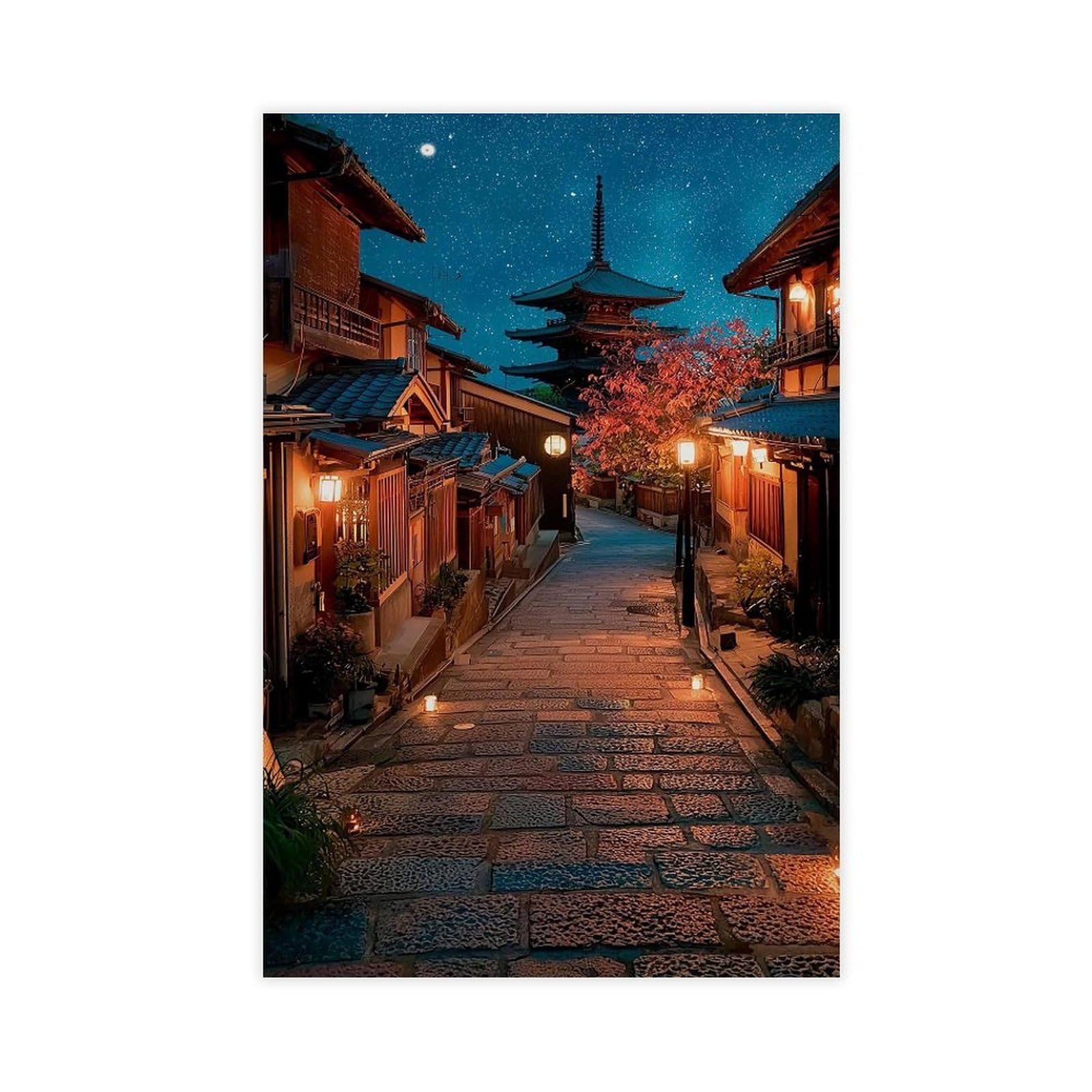 Qnvjqkdsi Unframe Kyoto Japan Street, Night Temple, Japanese Pagoda Art Canvas Poster Bedroom Decor Landscape Office Room Decor Gift 16" L X 24" W