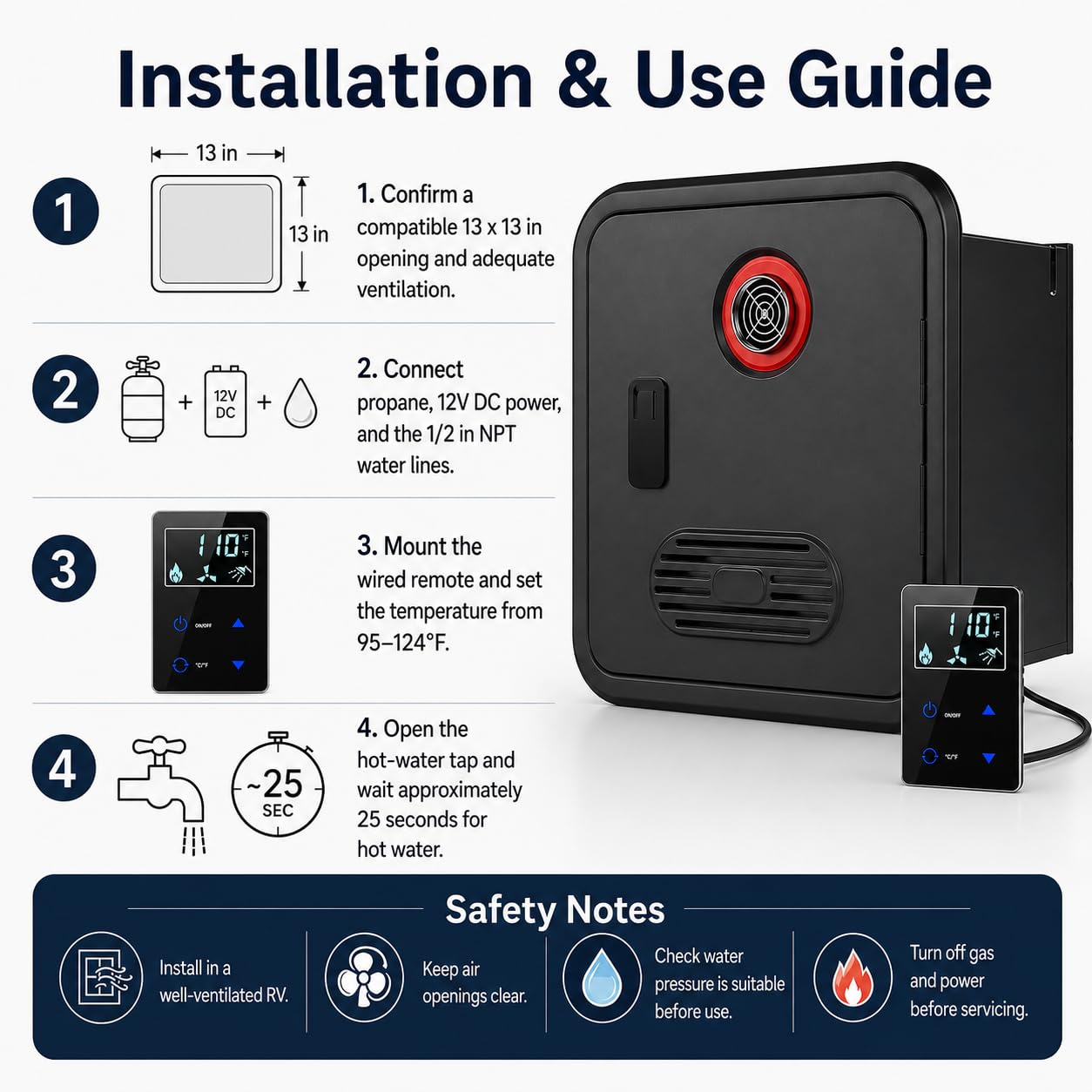 55000 BTU RV Tankless Propan Warmwasserbereiter, 3,9 GPM, 12 V DC | Digitale Temperaturregelung, Fernbedienung und Dual-Wasserauslässe für kompatible Wohnmobil-Installationen