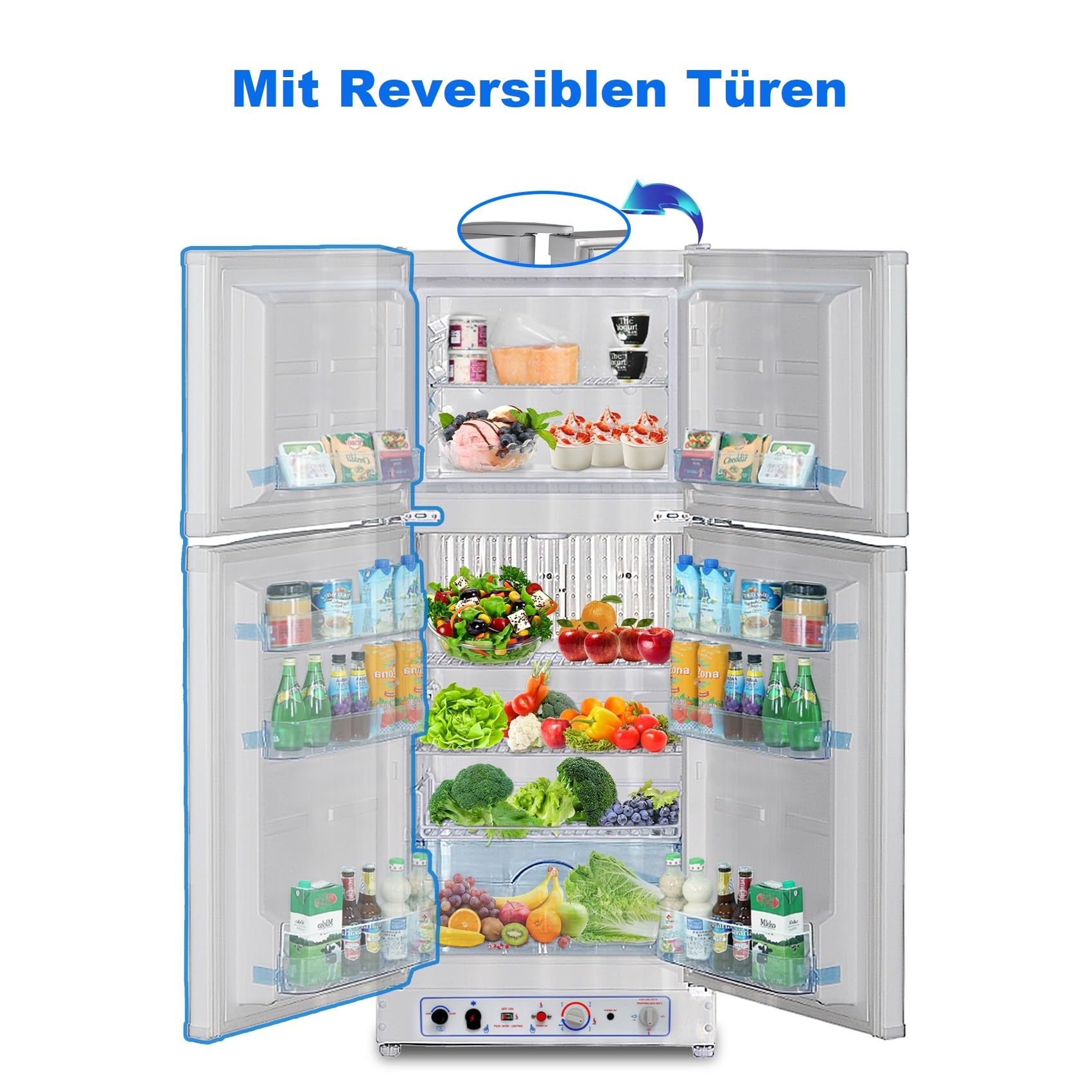 Gas Kühlschrank mit Gefrierfach, 185L, Kühl-Gefrier-Kombinationen, Gas/230V, Kühlschrank Groß für Küche, Outdoor, Wohnmobil, Reisen, Weiß
