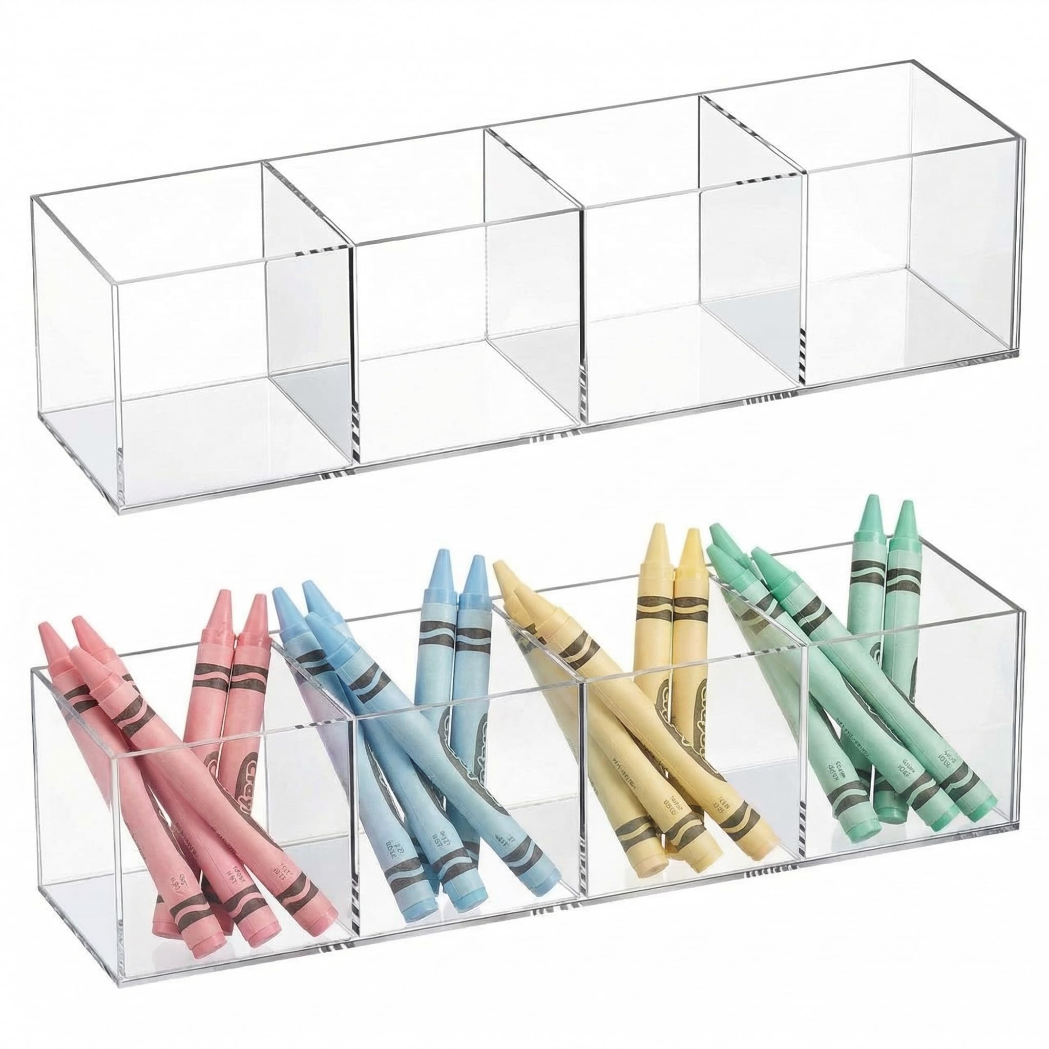 Epakh 2 Pieces 4 Compartment Acrylic Cube Organizer 4 Section Clear Acrylic Pencil Holder Small Drawer Organizer for Makeup Brush Crayon Desk Home