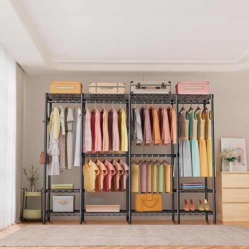 Vista 44 de Perchero de ropa grande resistente, estante de ropa portátil independiente con 8 estantes de alambre ajustables, 3 barras para colgar, 4 cajones
