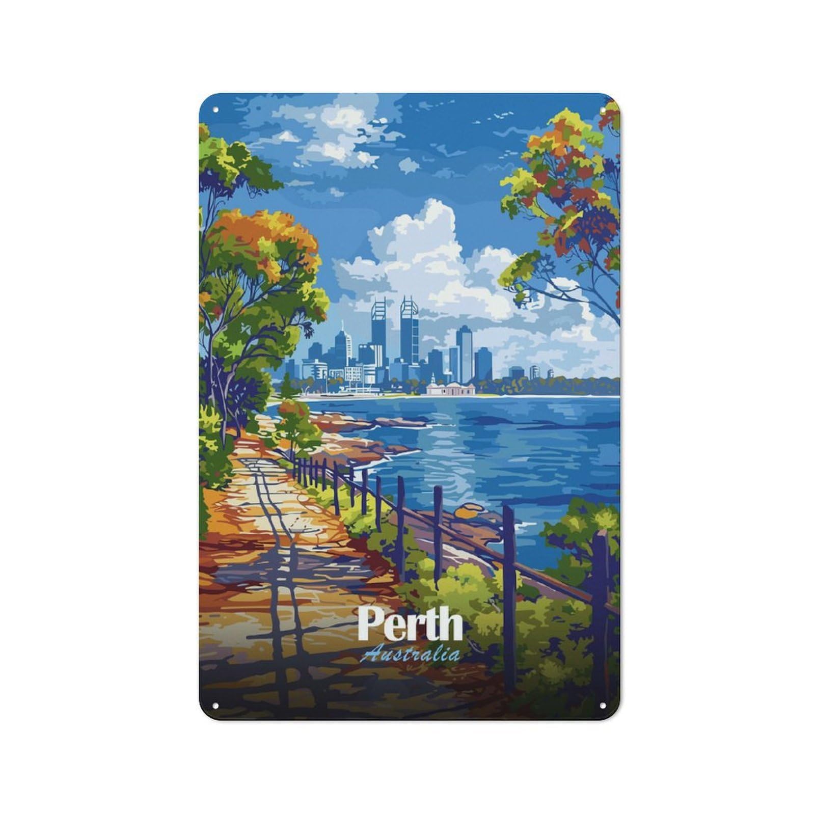 Junmoney Style-5 Perth Australia Cityscape Travel Country Metal Wall Decor 30X20cm, Decorative Tin Sign For Farmhouse Kitchen, Pantry Or Dining Area