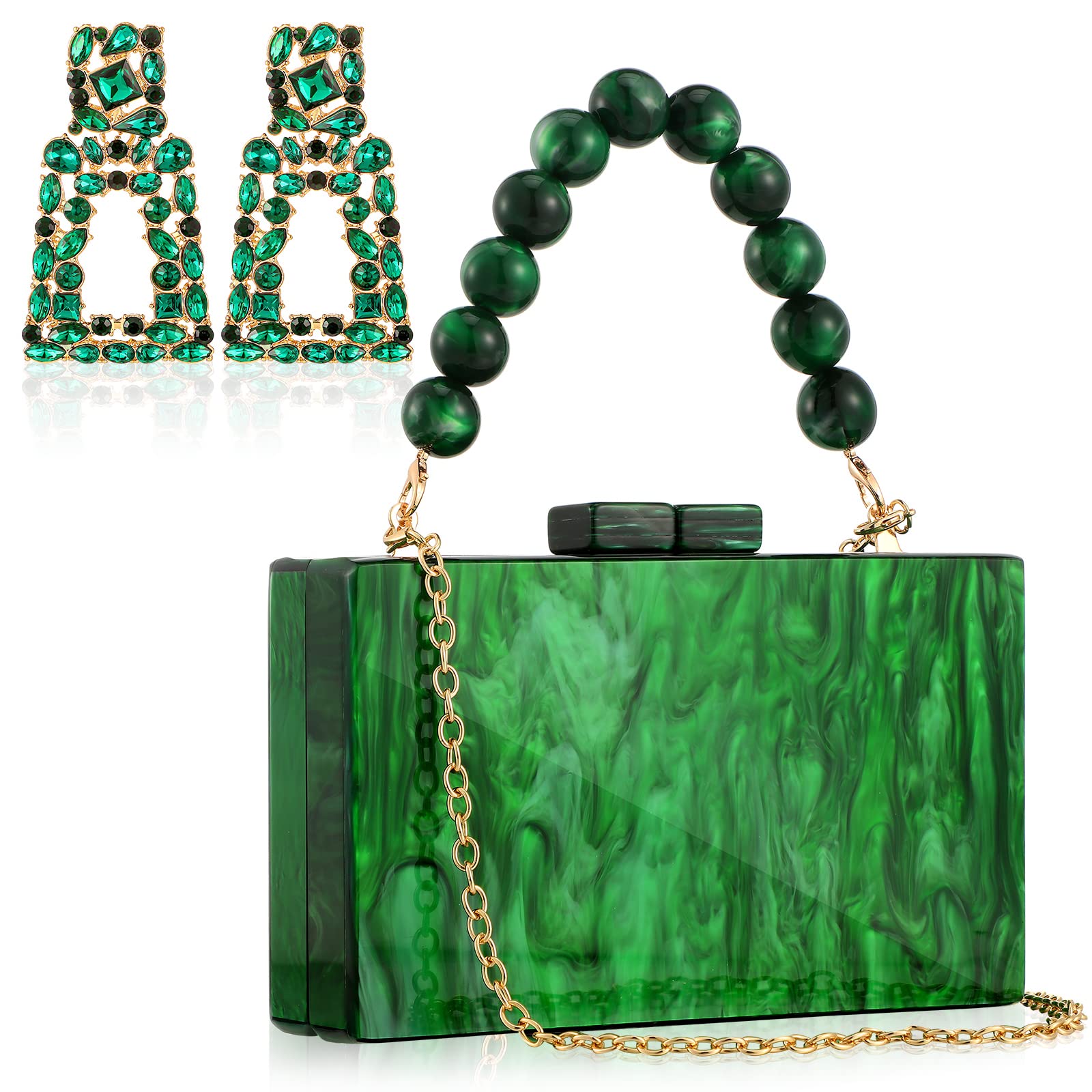 2 Pcs Acrylic Clutch Purse for Women Rhinestone Rectangle Dangle Earrings Marble Evening Bag Marbling Handbag