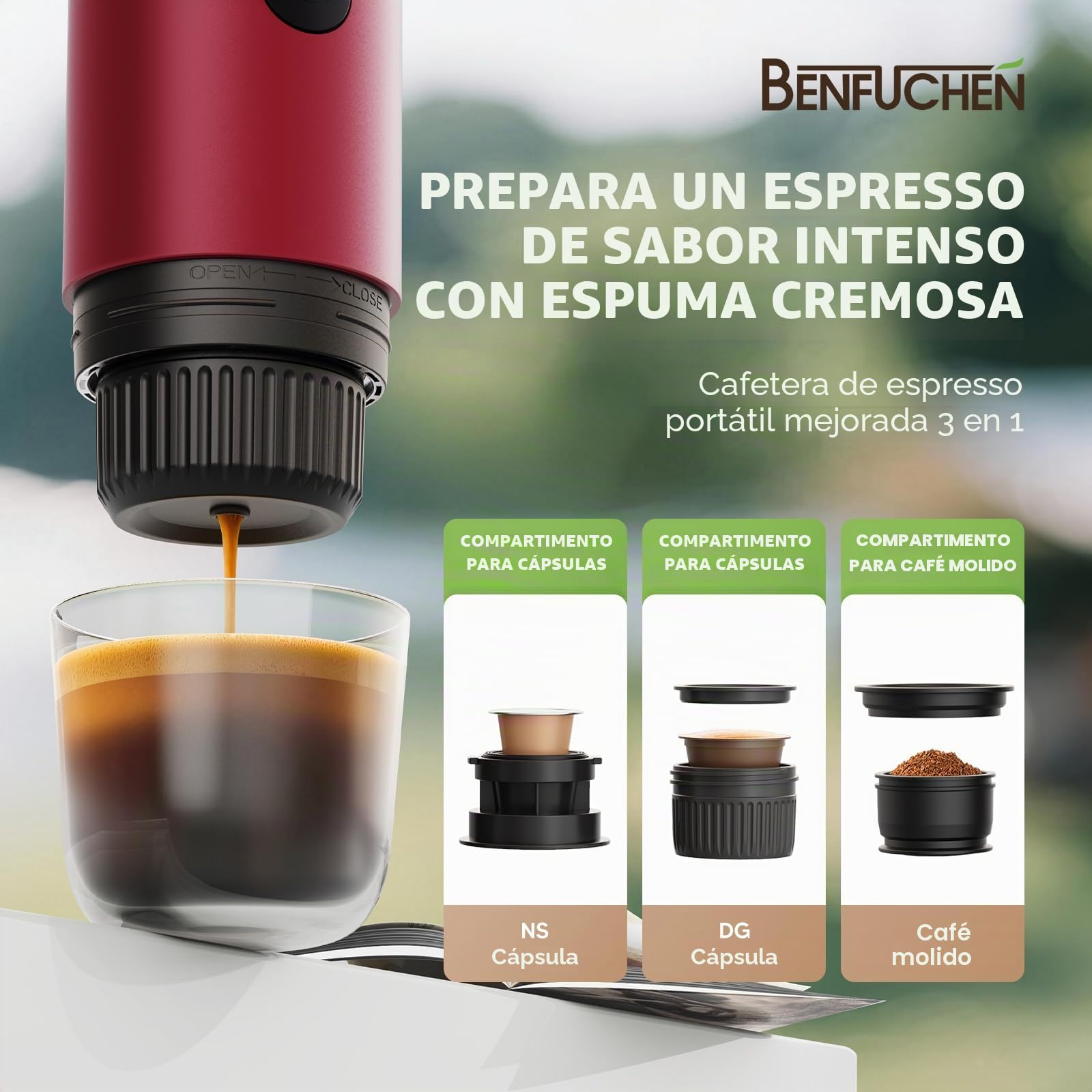 Cafetera portátil 3 en 1, máquina de espresso de 19 bares con calentamiento automático, compatible con cápsulas NS y DG, así como café molido para camping, senderismo, viajes y hogar (Rojo)