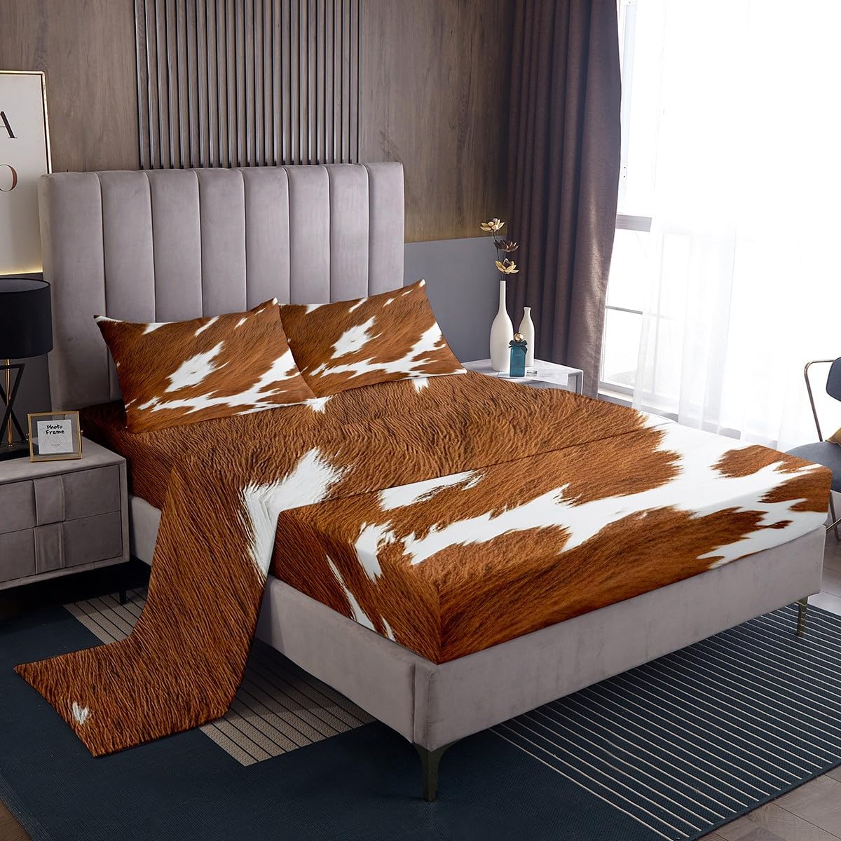 Feelyou Cow Fur Sheet Set Cowhide Sheets with Deep Pocket Fitted Sheet for Kids Teens Farmhouse Bed Sheets Set Western Farm Animal Skin Brown White Bedding Set Room Decor Bedroom Queen Size