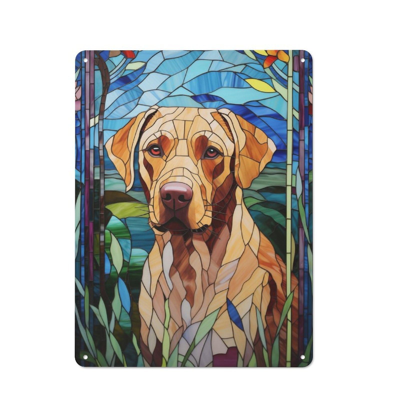 Junmoney Stained Glass Labrador Cottage Style Metal Wall Decor 40X30cm, Farmhouse Metal Sign For Kitchen, Cottage, Porch Or Garden Room