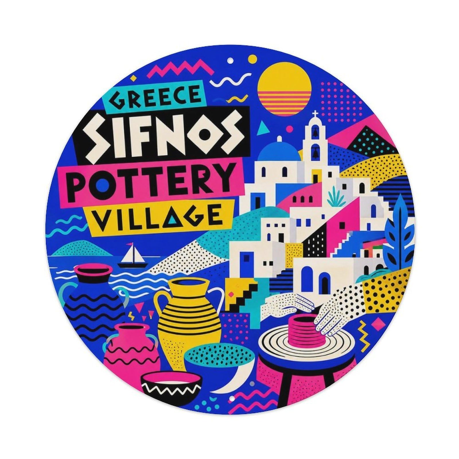 Sifnos Pottery Village Greek Color Block City Landmark Metal Tin Sign