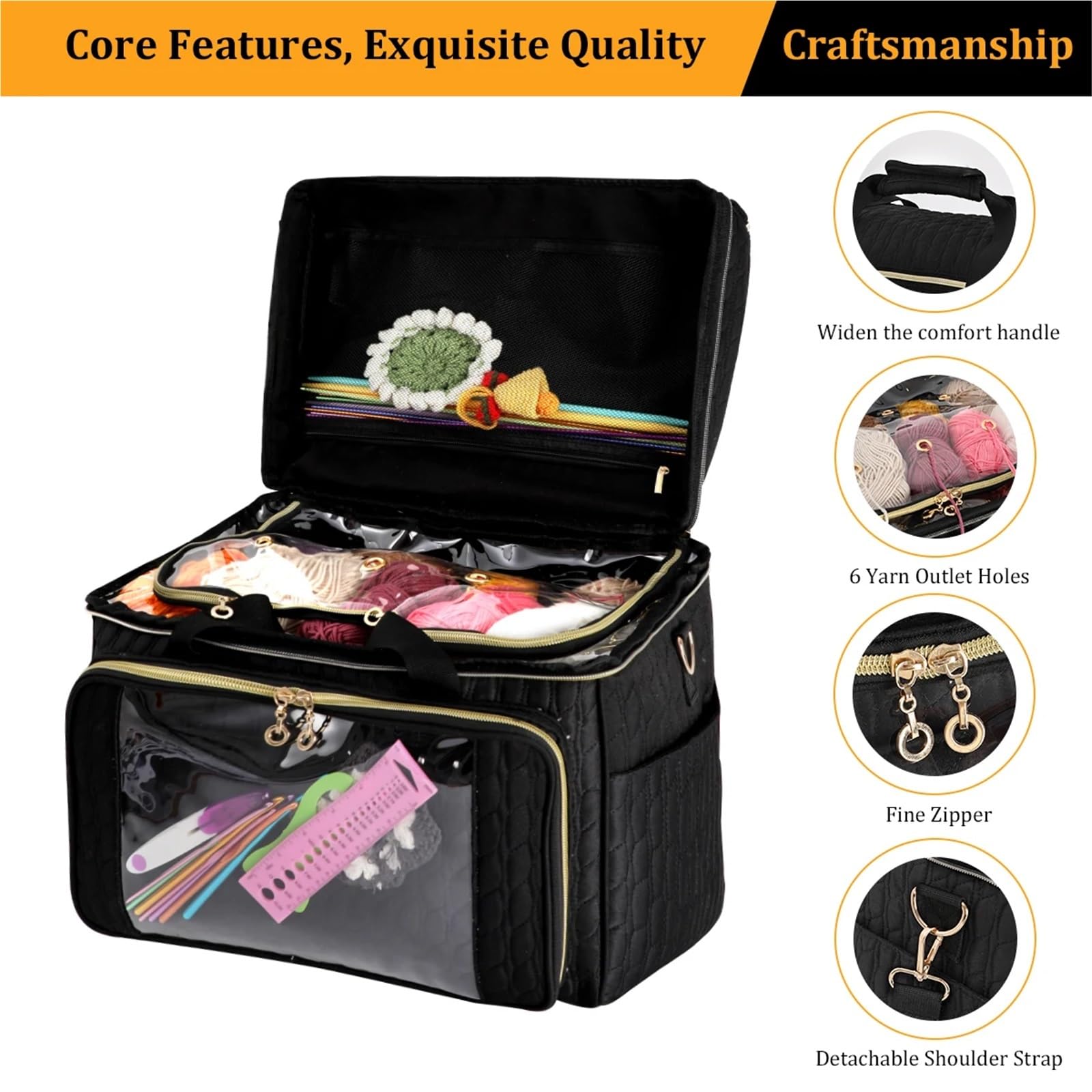 Bolsa de almacenamiento for lanas gran capacidad, ganchos lana for tejer agujas, bolsas mano, organizador accesorios for herramientas costura para Agujas, Hilo(Black)