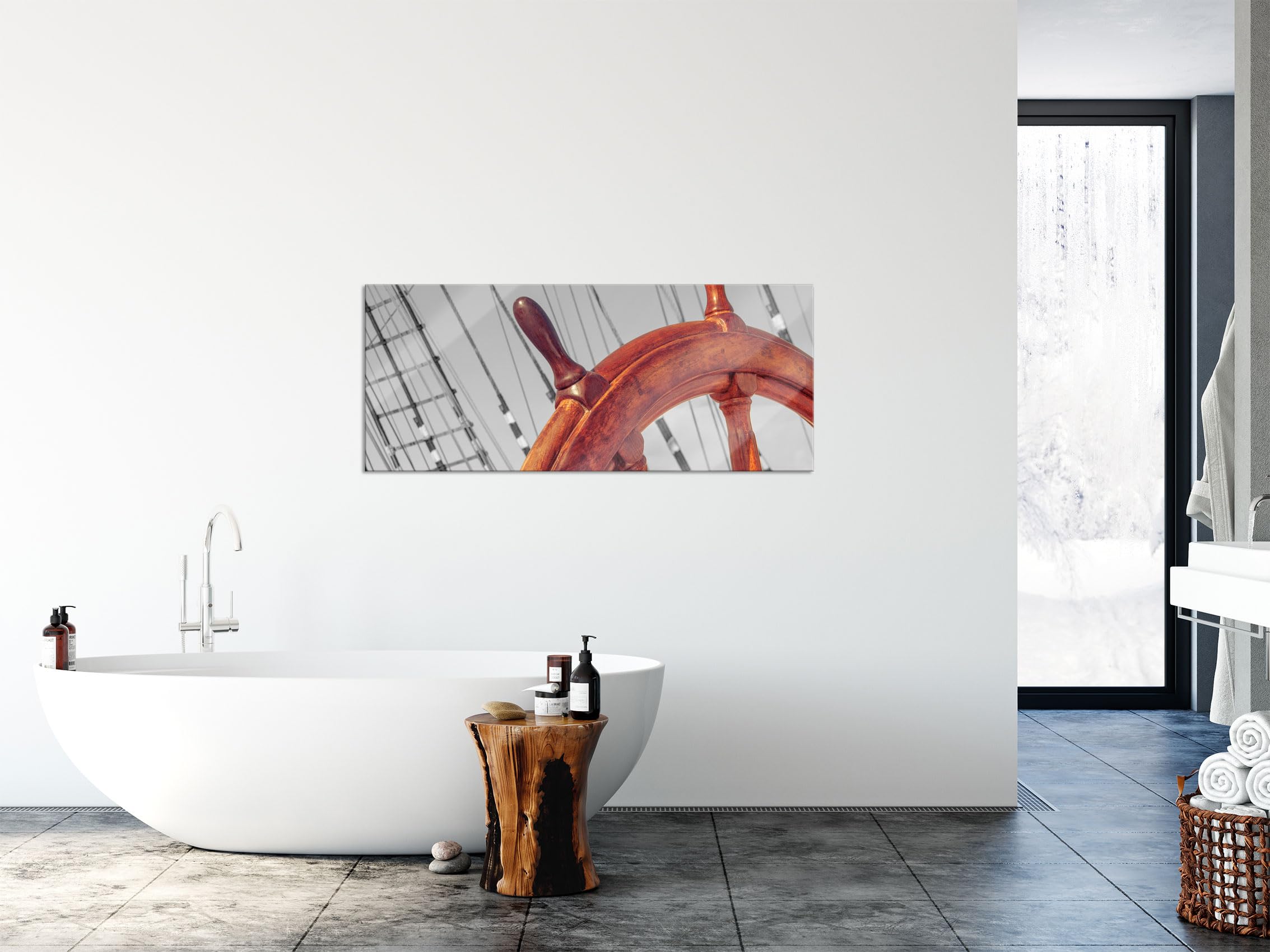 Pixxprint Glasbild Panorama, Wandbild aus Echtglas, Steuerrad auf einem Schiff, 120x50 cm, inkl. Aufhängung und Abstandshalter