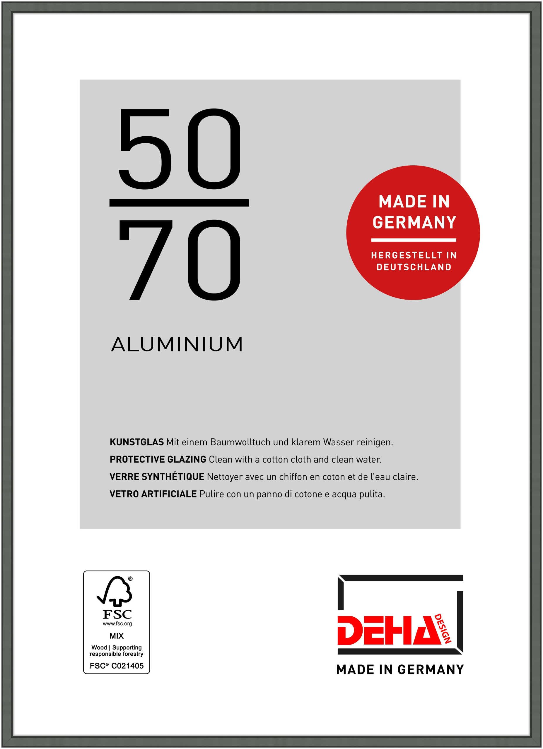 Deha Design Contrast Grey Boston Aluminium Picture Frame - 50X70 cm – Grey - With Synthetic Glass And Push/Turn Clips