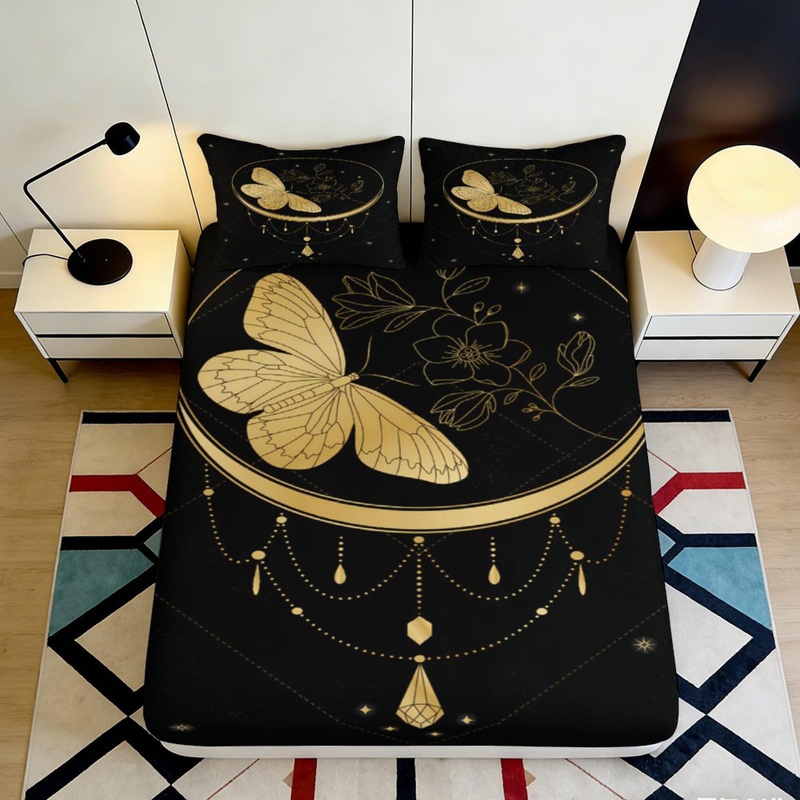 3D Printed Golden Butterfly Fitted Sheet Microfiber Soft Breathable Floral Mattress Cover for Bedroom Dormitory Guest Room Mattress Protection 180x200x25cm